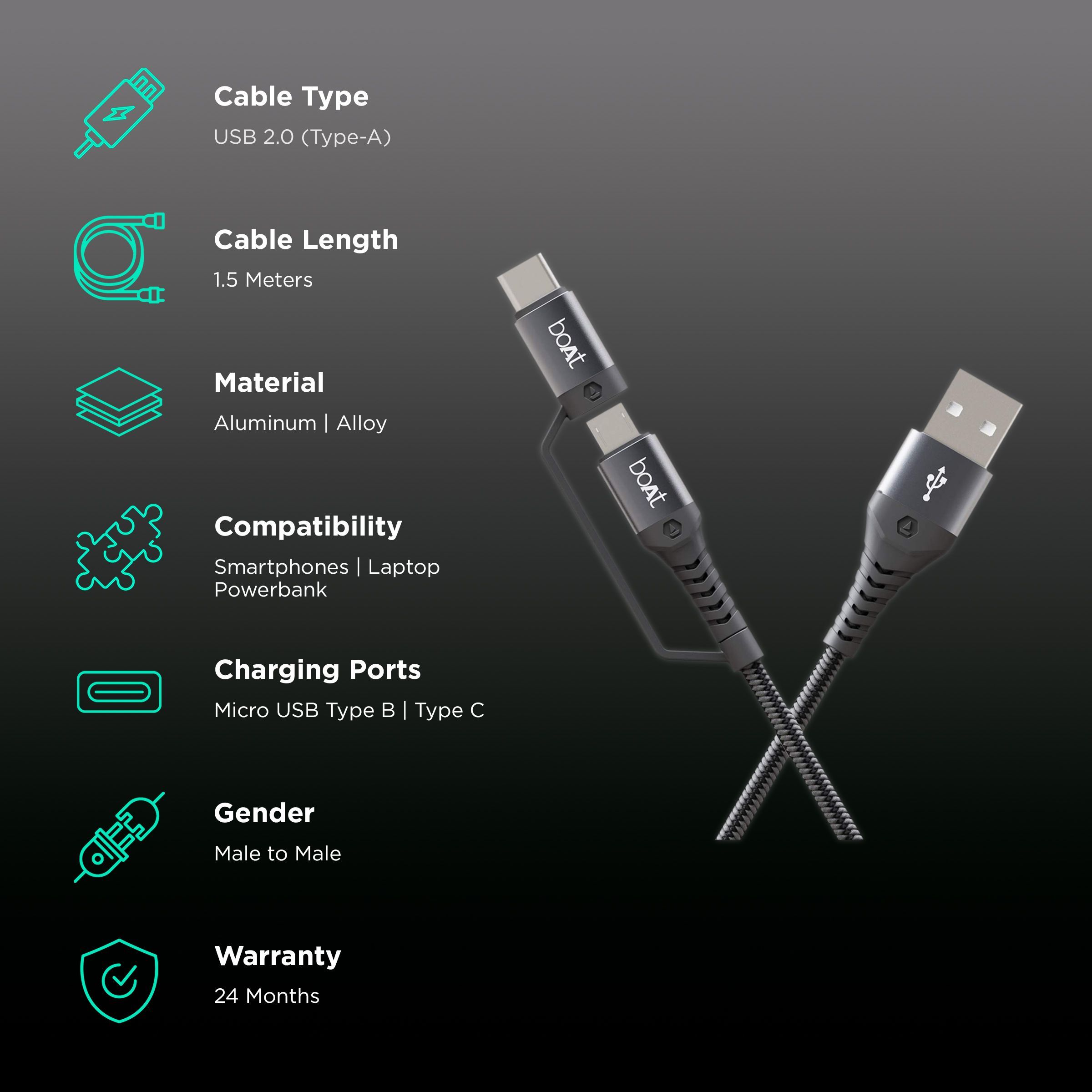 boAt Deuce 300 Type A to Type C, Micro USB 4.9 Feet (1.5M) 2-in-1 Cable (Tangle-free Design, Mercurial Black)_2