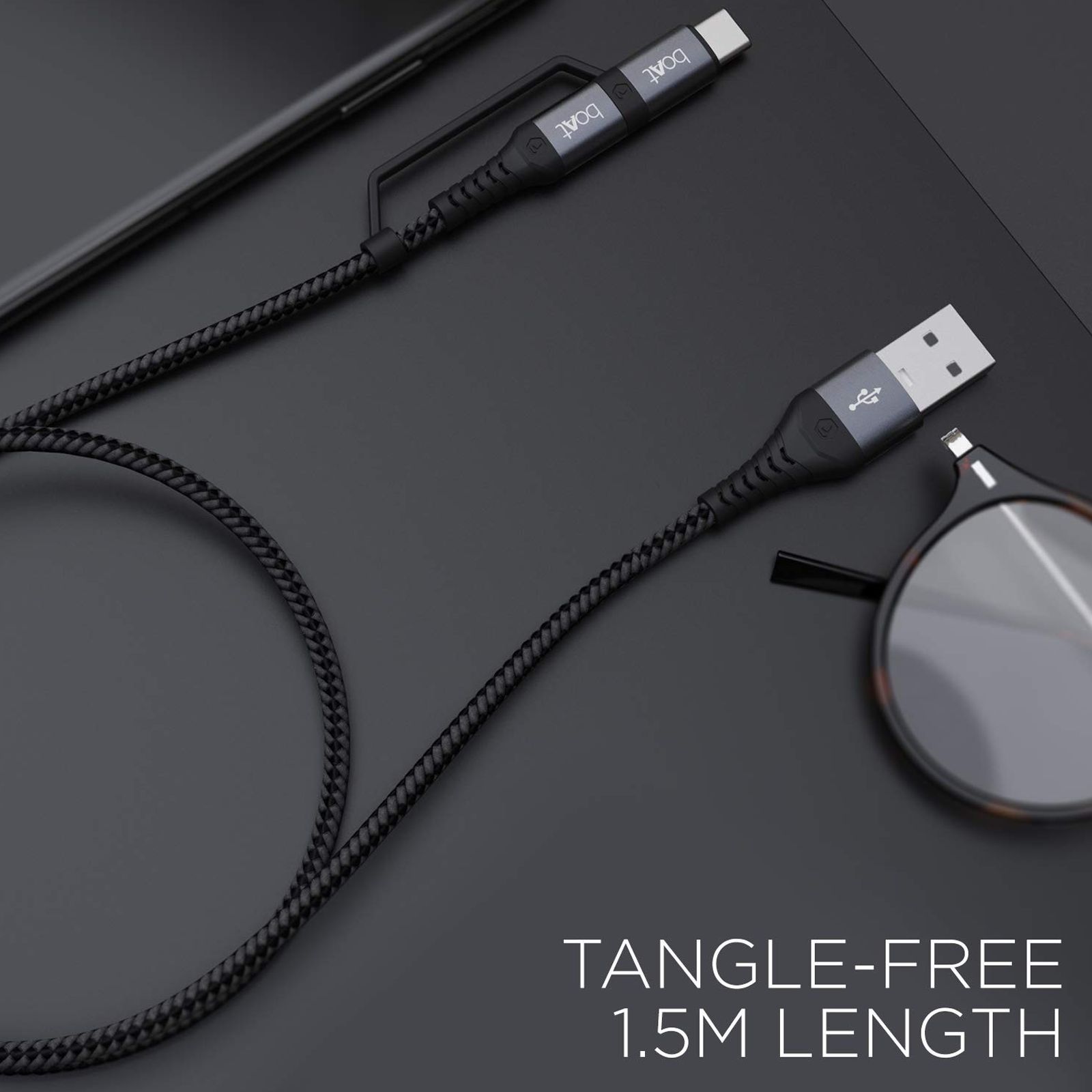 boAt Deuce 300 Type A to Type C, Micro USB 4.9 Feet (1.5M) 2-in-1 Cable (Tangle-free Design, Mercurial Black)_4