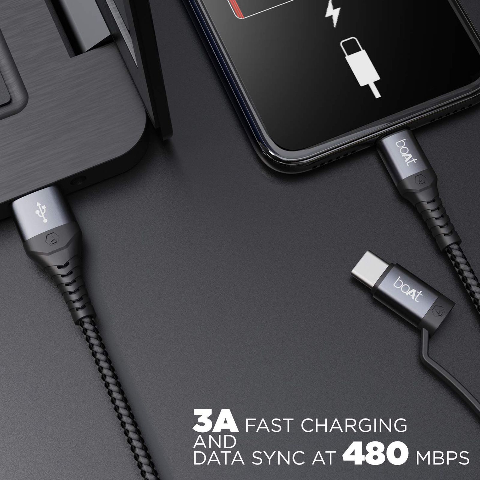 boAt Deuce 300 Type A to Type C, Micro USB 4.9 Feet (1.5M) 2-in-1 Cable (Tangle-free Design, Mercurial Black)_5