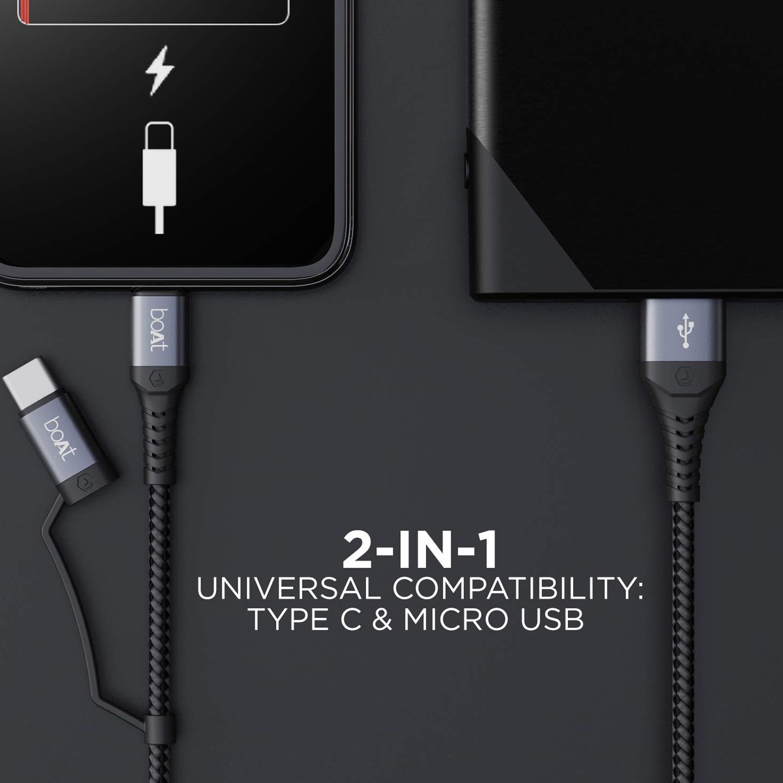 boAt Deuce 300 Type A to Type C, Micro USB 4.9 Feet (1.5M) 2-in-1 Cable (Tangle-free Design, Mercurial Black)_6