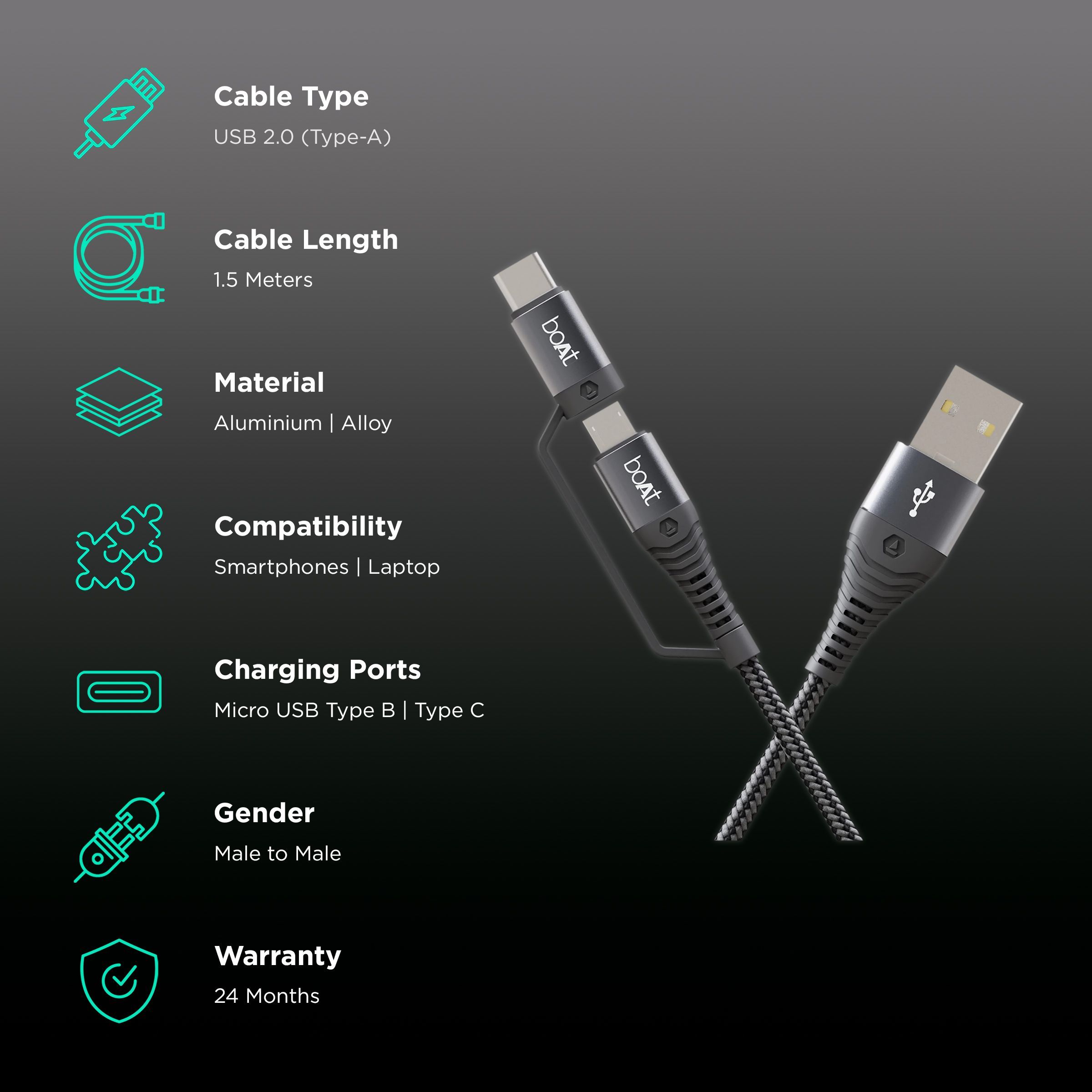 boAt Deuce 330 Type A to Type C, Micro USB 4.9 Feet (1.5M) 2-in-1 Cable (Tangle-free Design, Mercurial Black) boAt Deuce 330 Type A to Type C, Micro USB 4.9 Feet (1.5M) 2-in-1 Cable (Tangle-free Design, Mercurial Black)_2