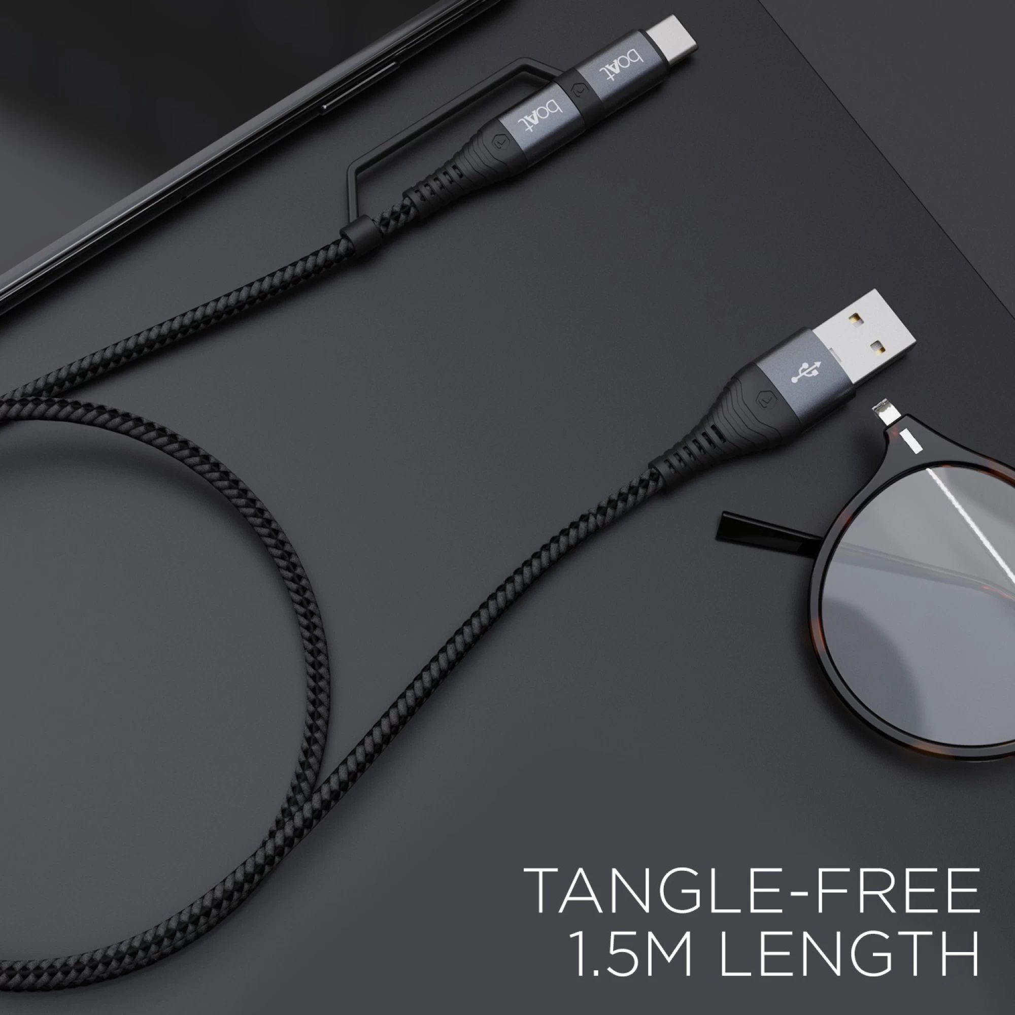 boAt Deuce 330 Type A to Type C, Micro USB 4.9 Feet (1.5M) 2-in-1 Cable (Tangle-free Design, Mercurial Black) boAt Deuce 330 Type A to Type C, Micro USB 4.9 Feet (1.5M) 2-in-1 Cable (Tangle-free Design, Mercurial Black)_3