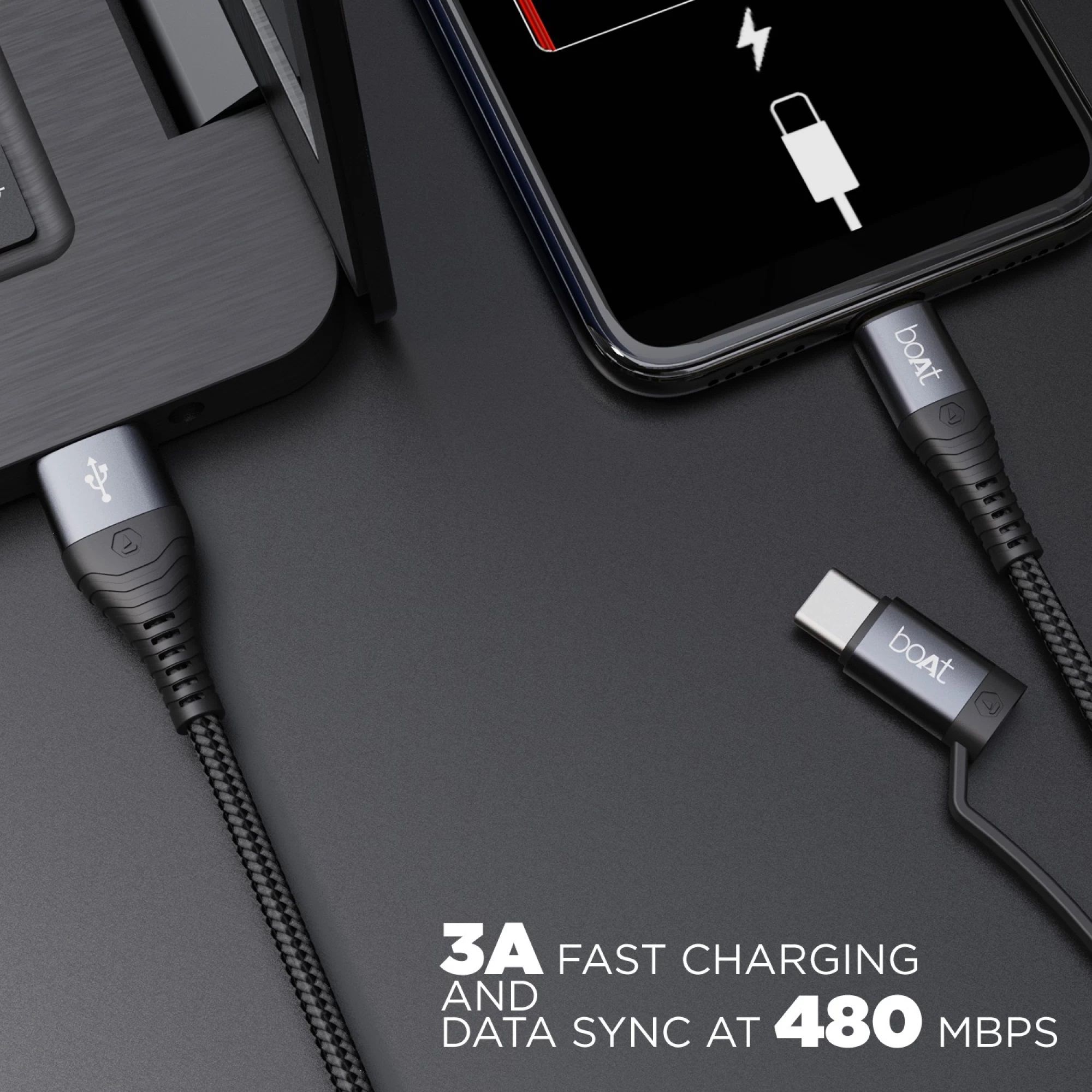 boAt Deuce 330 Type A to Type C, Micro USB 4.9 Feet (1.5M) 2-in-1 Cable (Tangle-free Design, Mercurial Black) boAt Deuce 330 Type A to Type C, Micro USB 4.9 Feet (1.5M) 2-in-1 Cable (Tangle-free Design, Mercurial Black)_4