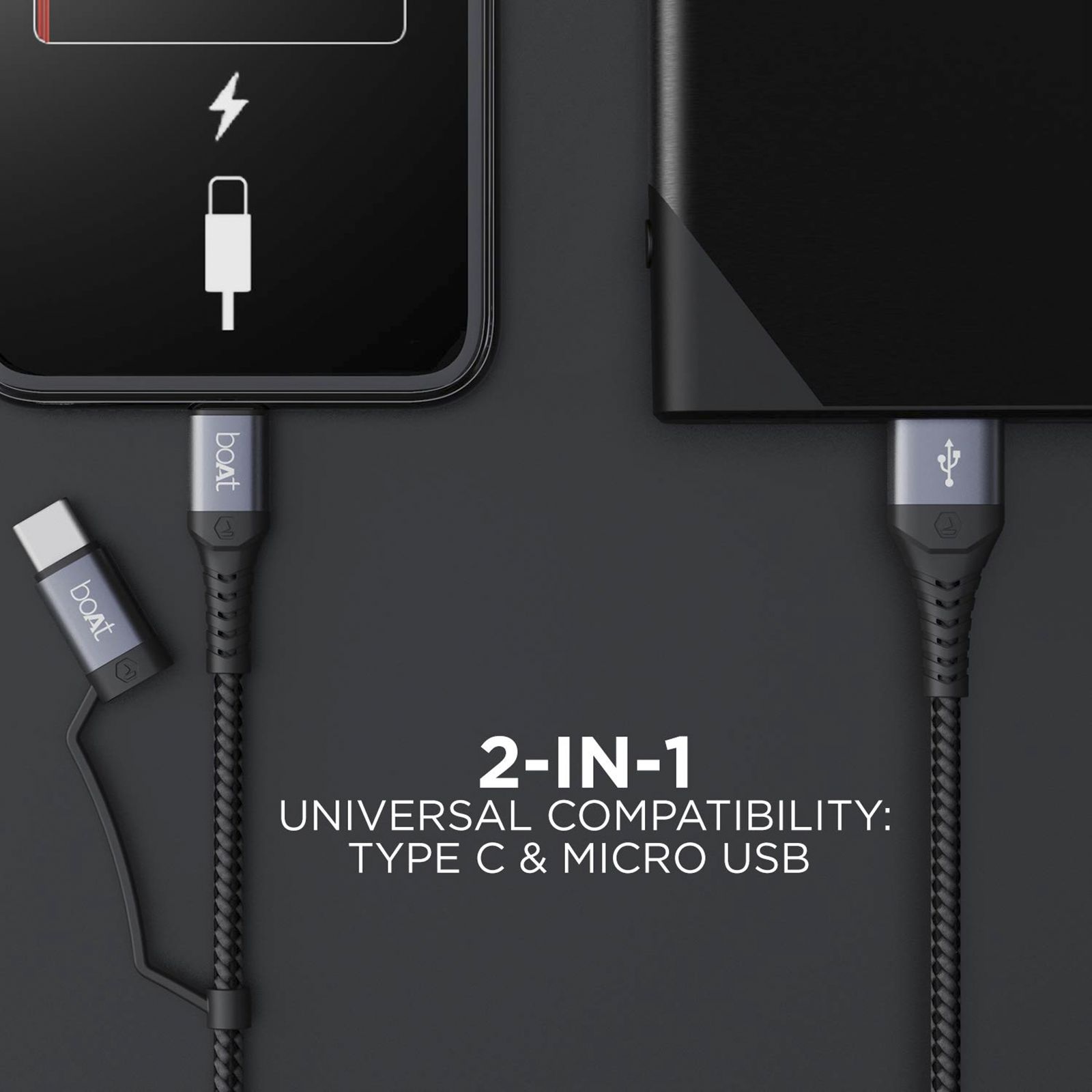 boAt Deuce 330 Type A to Type C, Micro USB 4.9 Feet (1.5M) 2-in-1 Cable (Tangle-free Design, Mercurial Black) boAt Deuce 330 Type A to Type C, Micro USB 4.9 Feet (1.5M) 2-in-1 Cable (Tangle-free Design, Mercurial Black)_5
