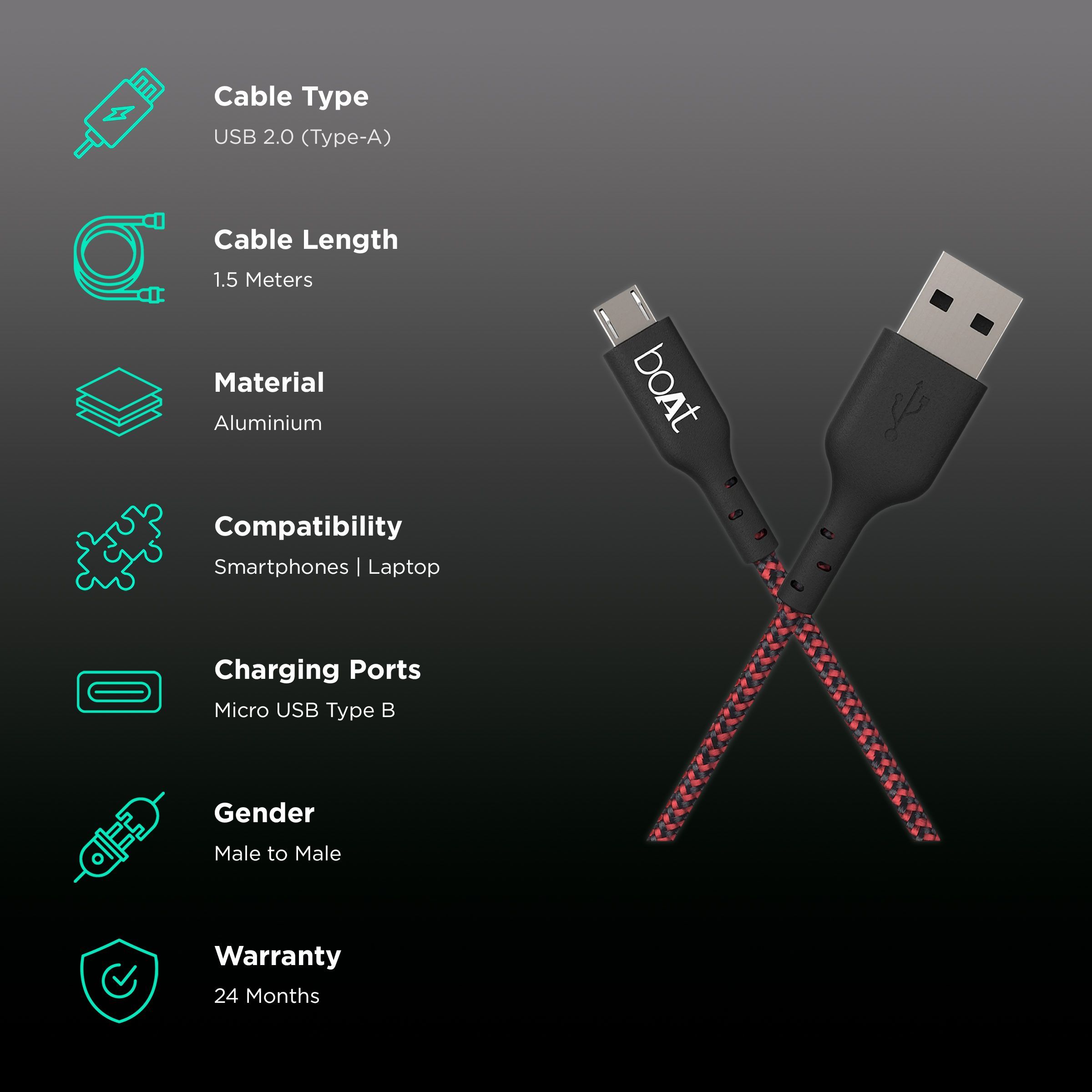 boAt 150 Type A to Micro USB 4.9 Feet (1.5M) Cable (Tangle-free Design, Black & Red)_2