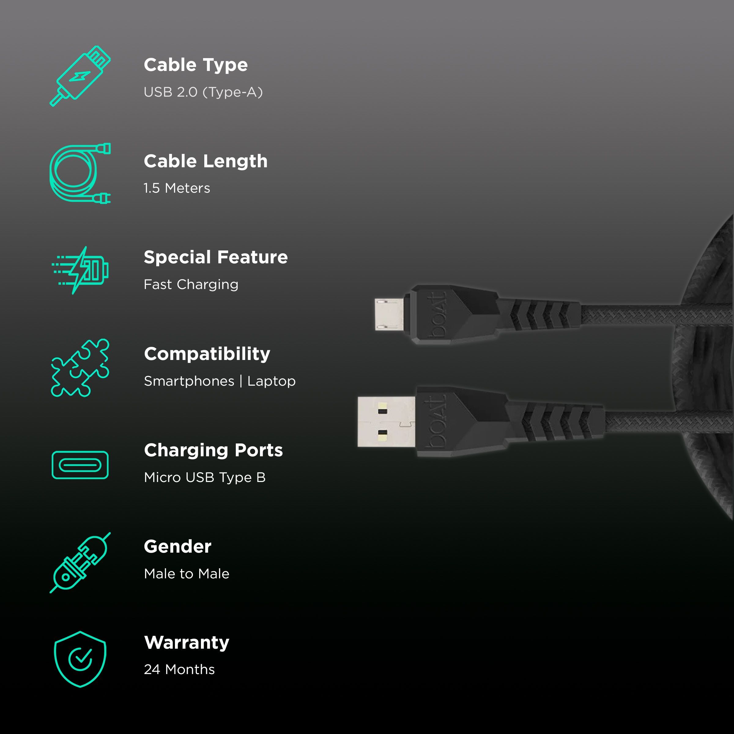 boAt 50 Type A to Micro USB 4.9 Feet (1.5M) Cable (Tangle-free Design, Black)_2
