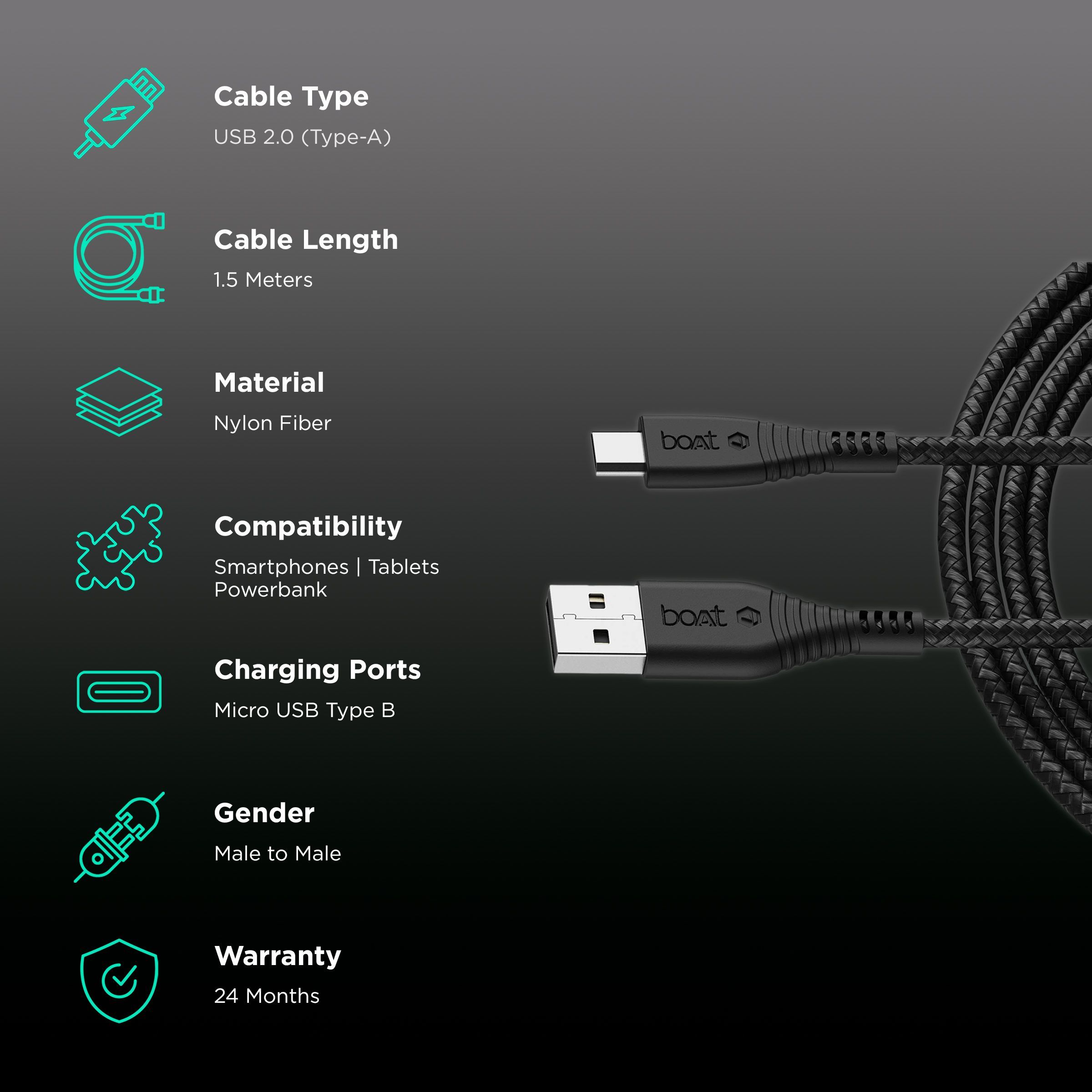 boAt 55 Type A to Micro USB 4.9 Feet (1.5M) Cable (Tangle-free Design, Black)_2