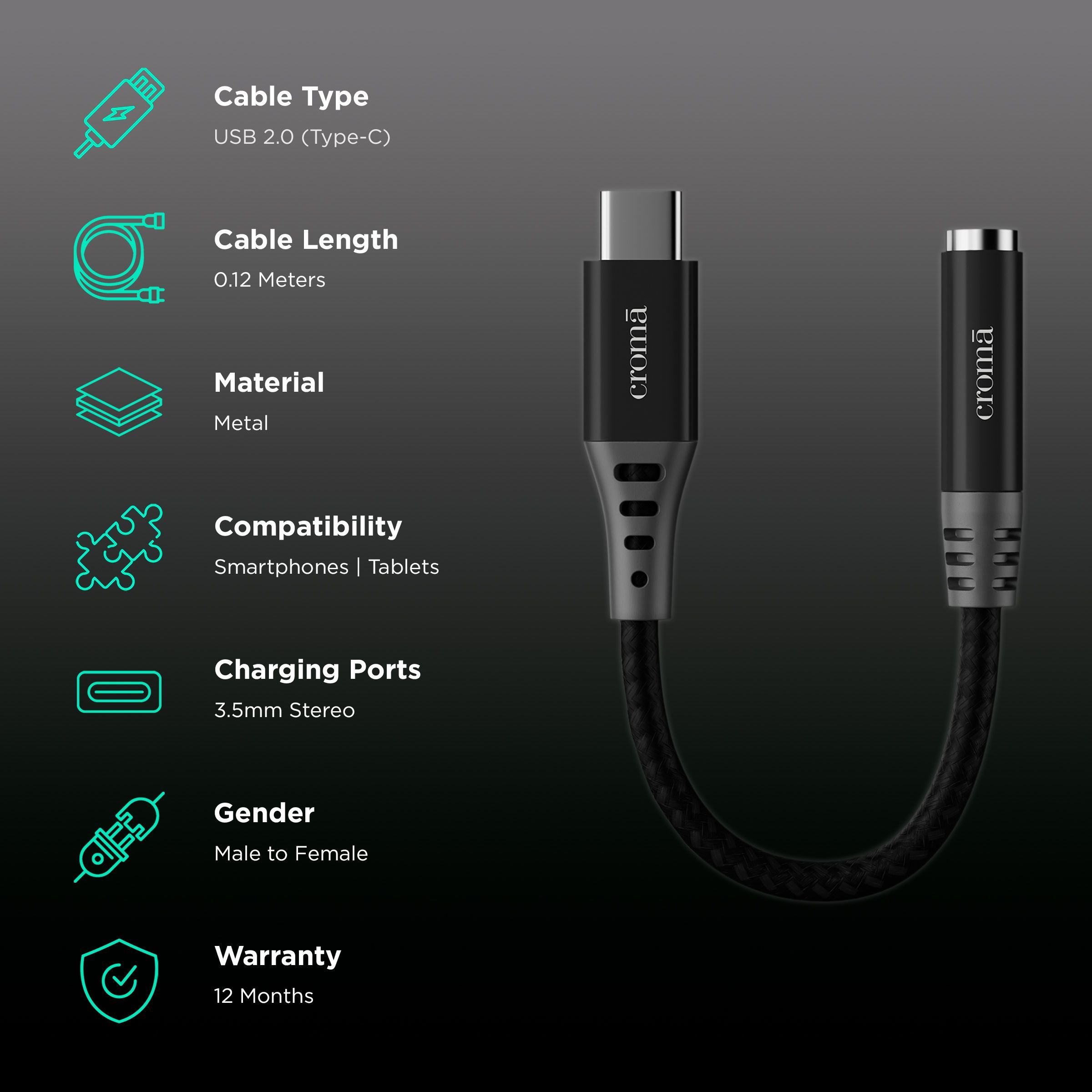 Croma Type C to 3.5mm Aux 0.39 Feet (0.12M) Audio Adapter (In-Built DAC Chip, Black)_2