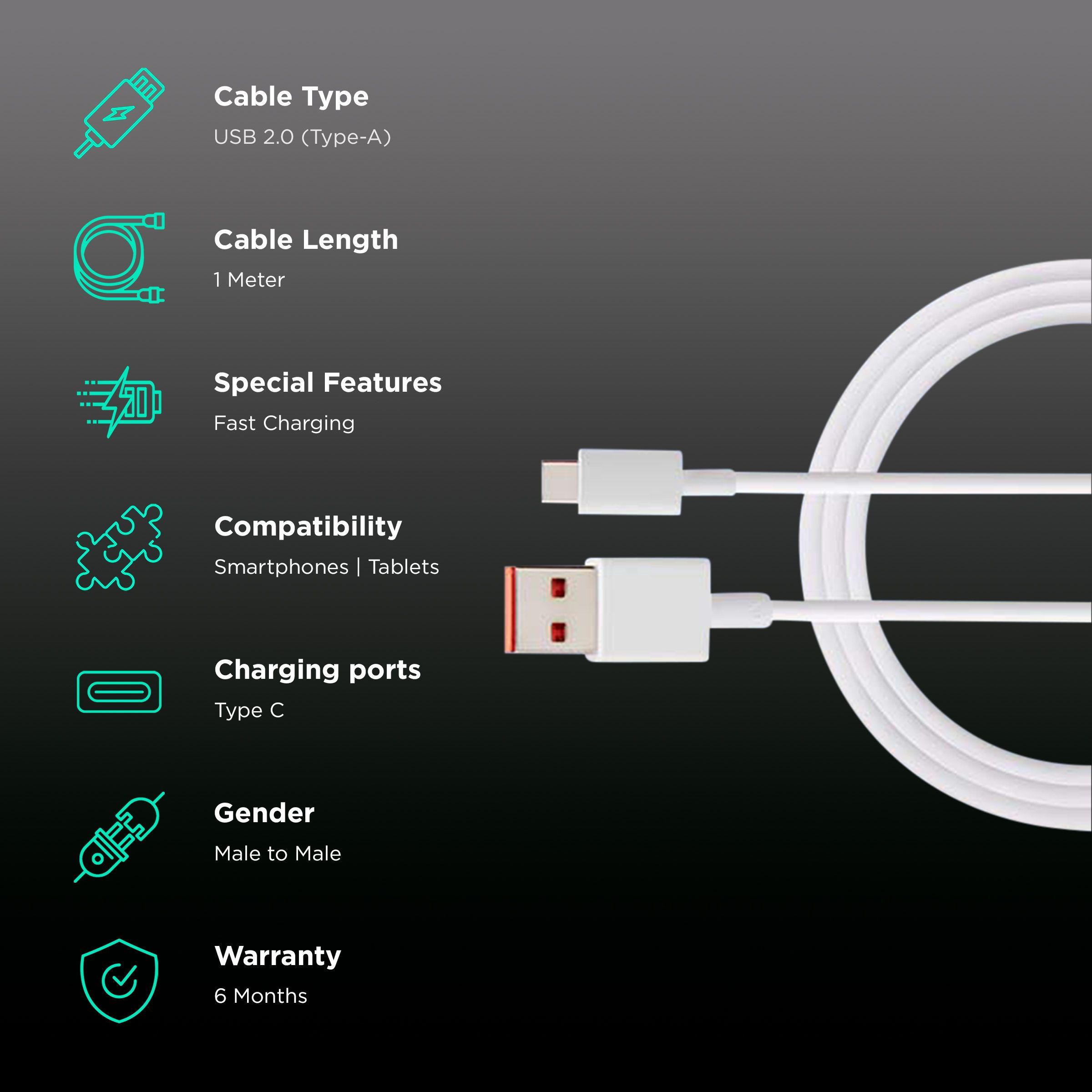 Xiaomi HyperCharge Type A to Type C 3.3 Feet (1M) Cable (Tangle Free Design, White)_2