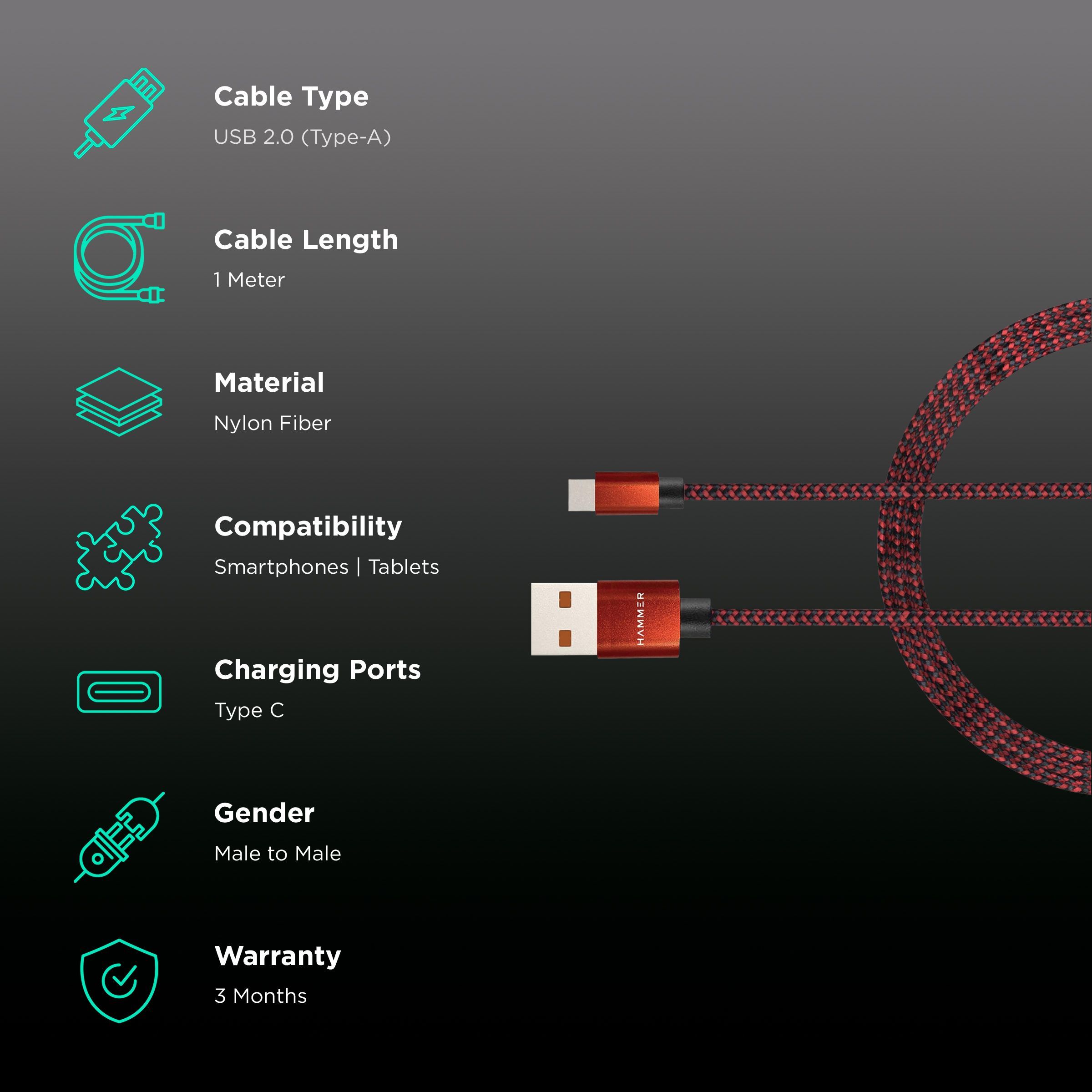 Hammer Type A to Type C 3.3 Feet (1M) Cable (Tangle-free Design, Red) Hammer Type A to Type C 3.3 Feet (1M) Cable (Tangle-free Design, Red)_2