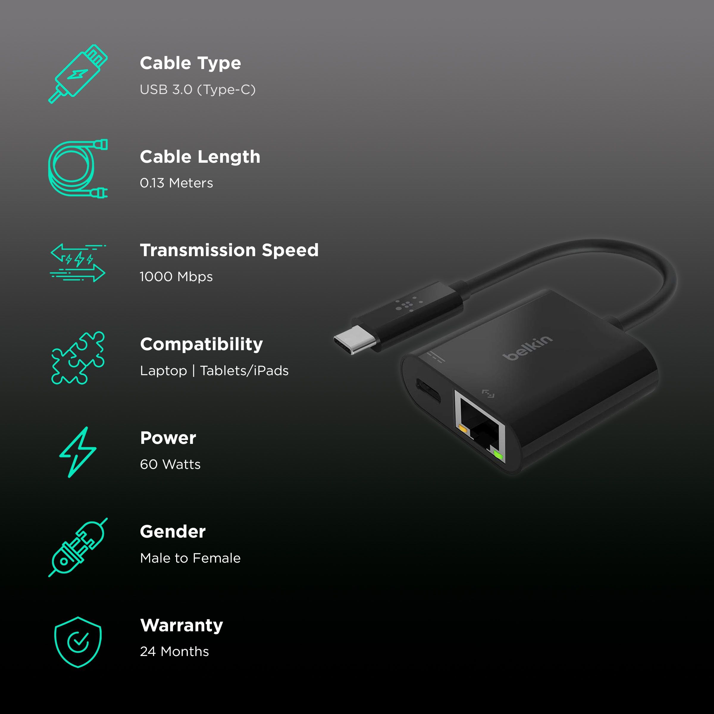 belkin USB Type C to Ethernet Multi-Port Hub (With Charge Adapter, Black)_2