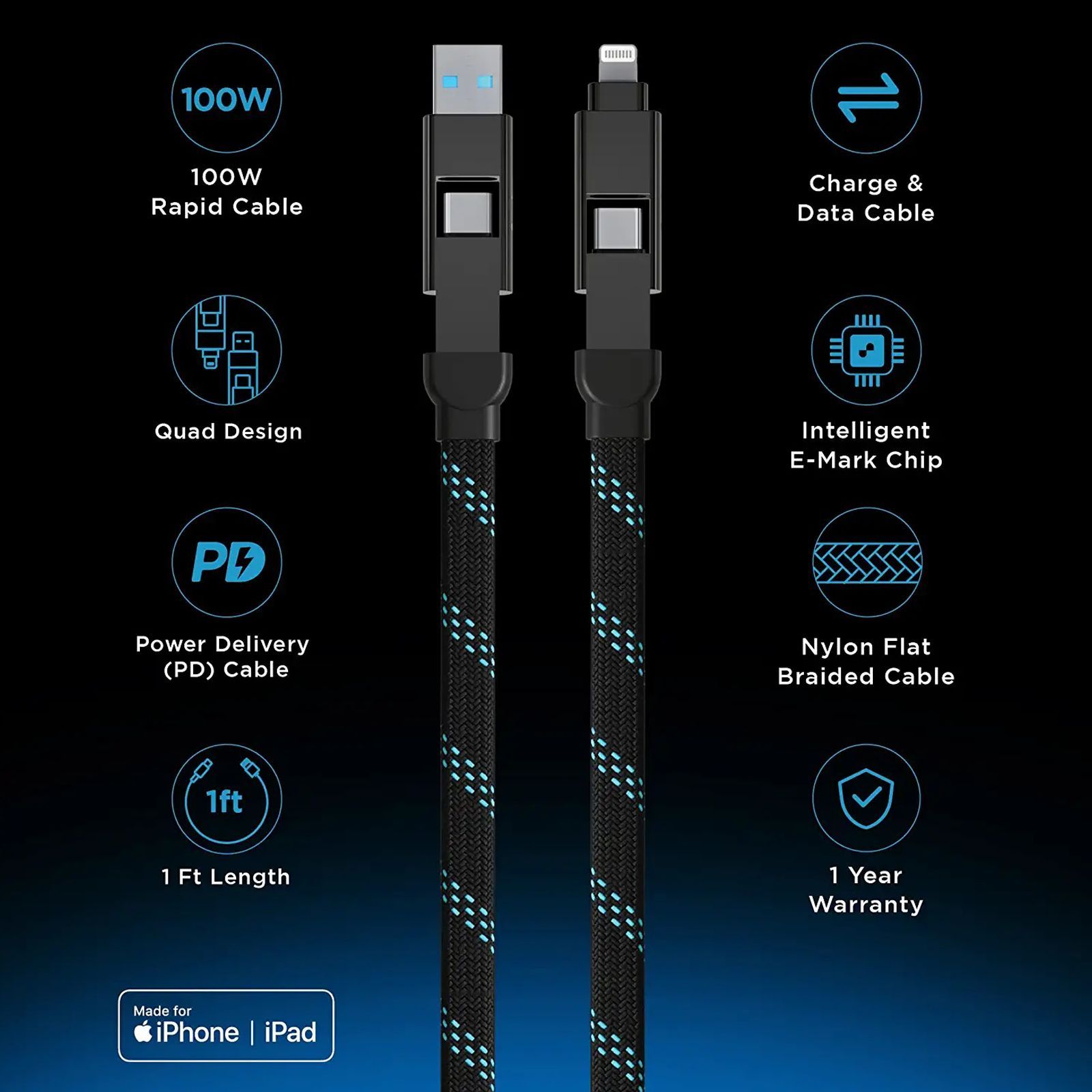urbn Quad Type A, Type C to Type C, Lightning 1 Feet (0.3M) 4-in-1 Cable (Nylon Braided, Black)_10
