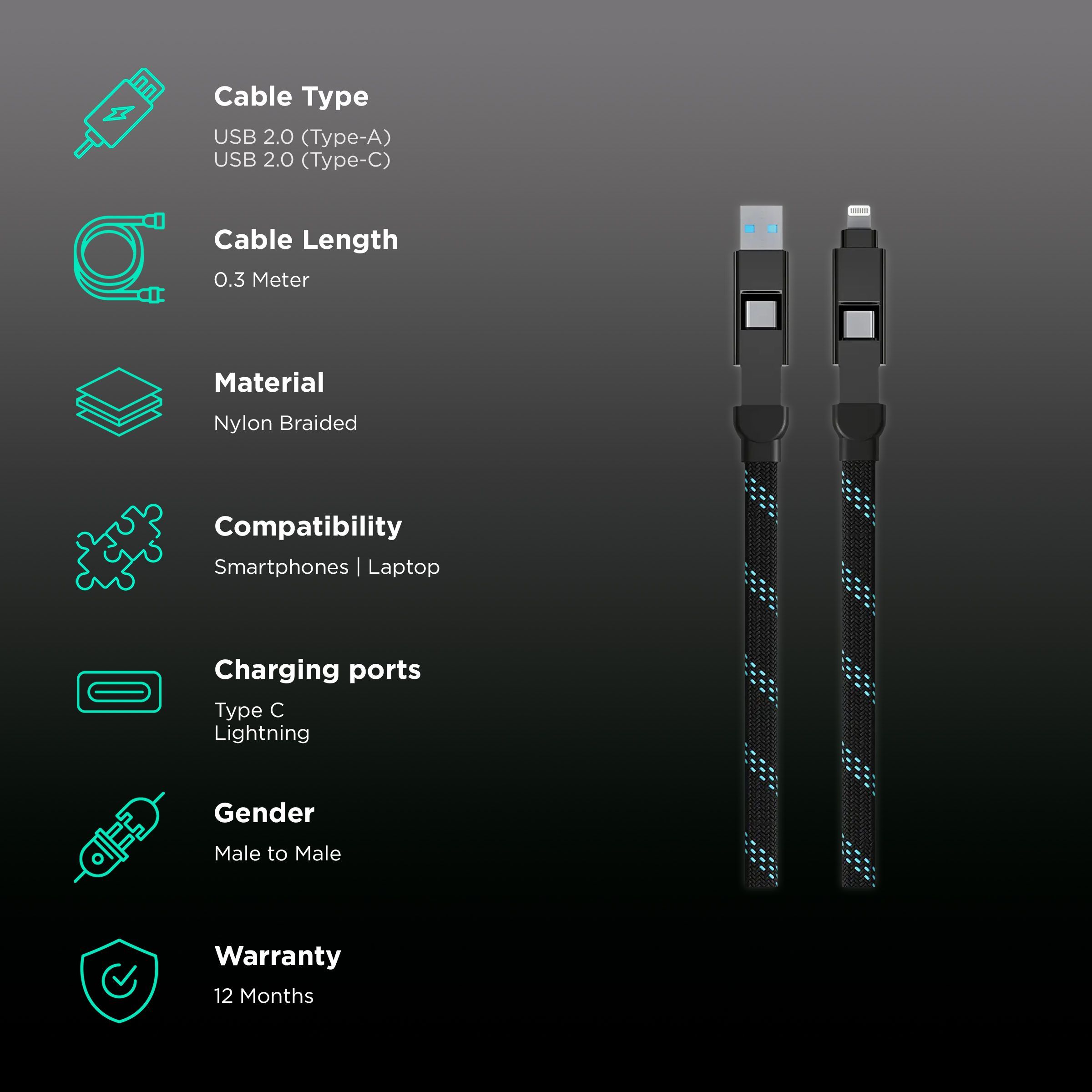 urbn Quad Type A, Type C to Type C, Lightning 1 Feet (0.3M) 4-in-1 Cable (Nylon Braided, Black)_2