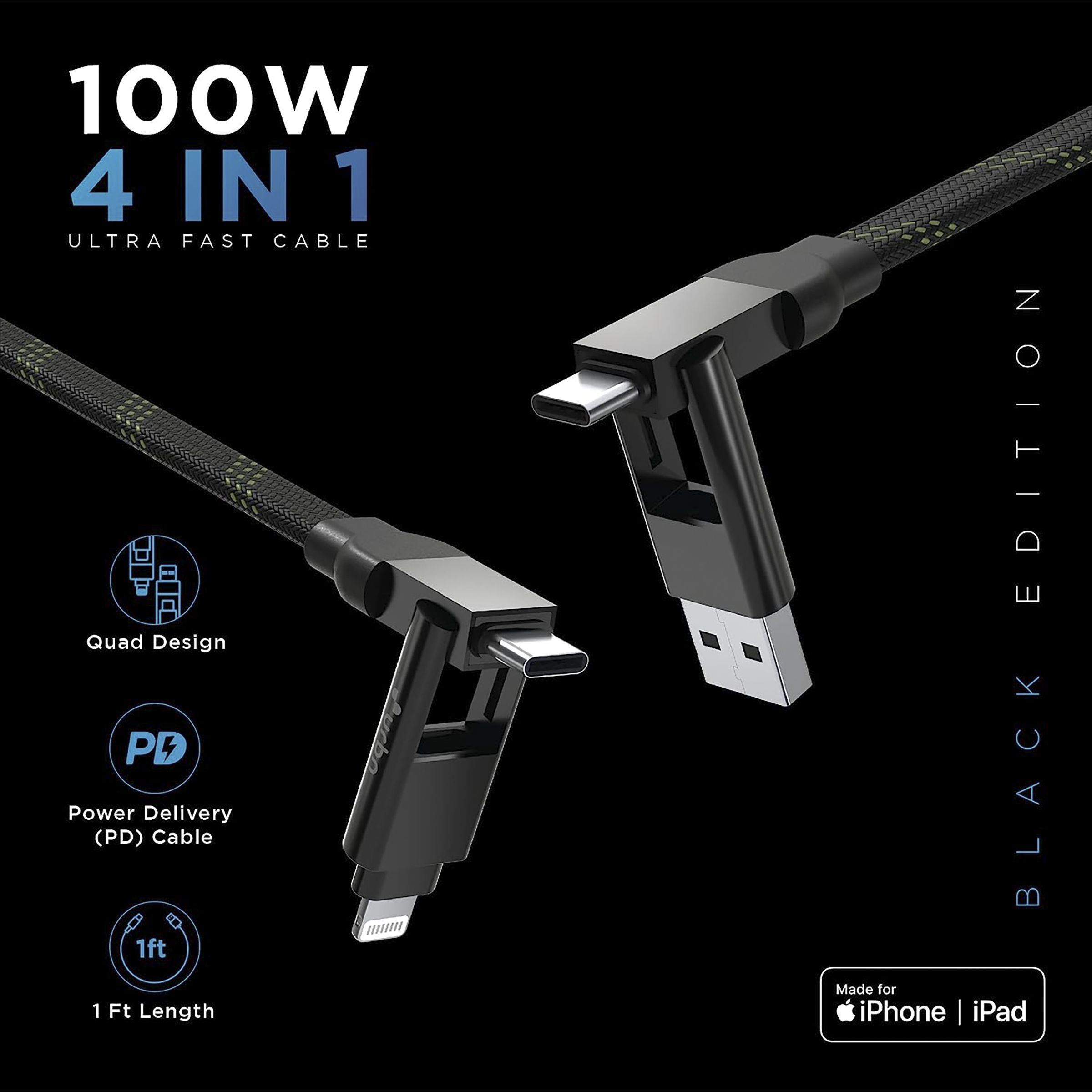 urbn Quad Type A, Type C to Type C, Lightning 1 Feet (0.3M) 4-in-1 Cable (Nylon Braided, Camo Black)_11