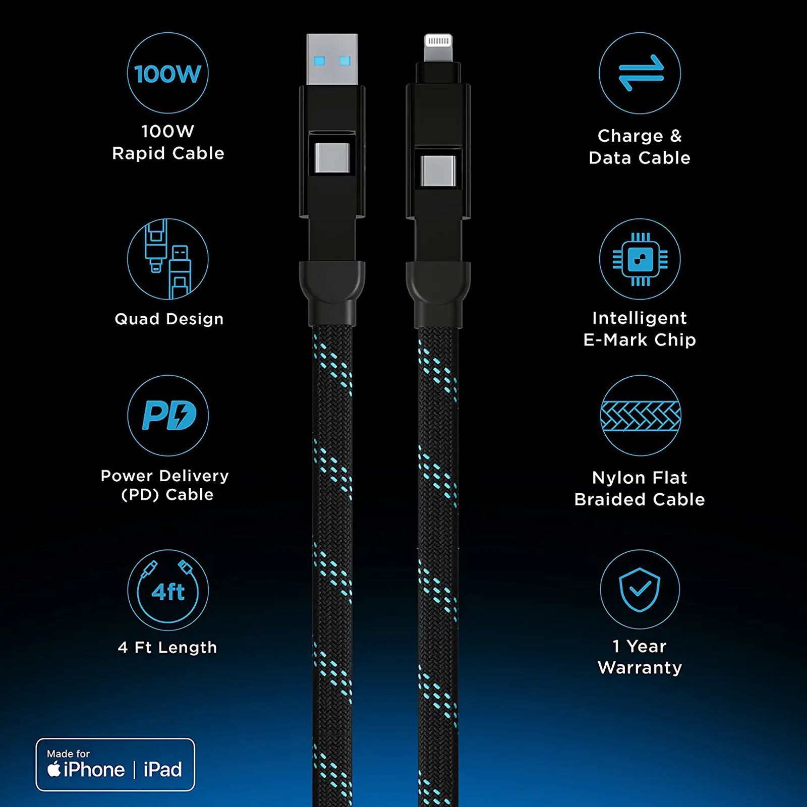 urbn Quad Type A, Type C to Type C, Lightning 3.9 Feet (1.2M) 4-in-1 Cable (Nylon Braided, Black) urbn Quad Type A, Type C to Type C, Lightning 3.9 Feet (1.2M) 4-in-1 Cable (Nylon Braided, Black)_10