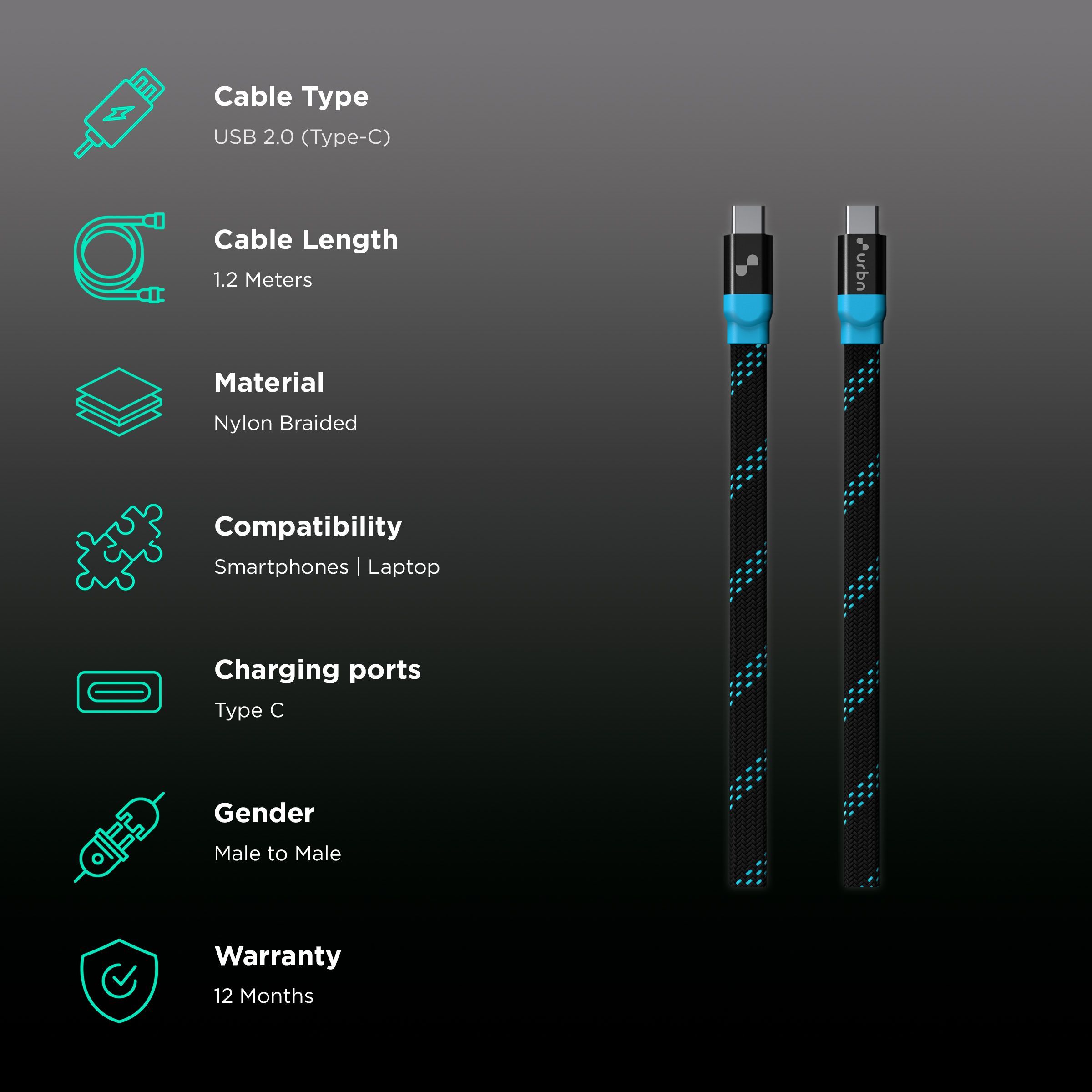 urbn Type C to Type C 3.9 Feet (1.2M) Cable (Nylon Braided, Black) urbn Type C to Type C 3.9 Feet (1.2M) Cable (Nylon Braided, Black)_2