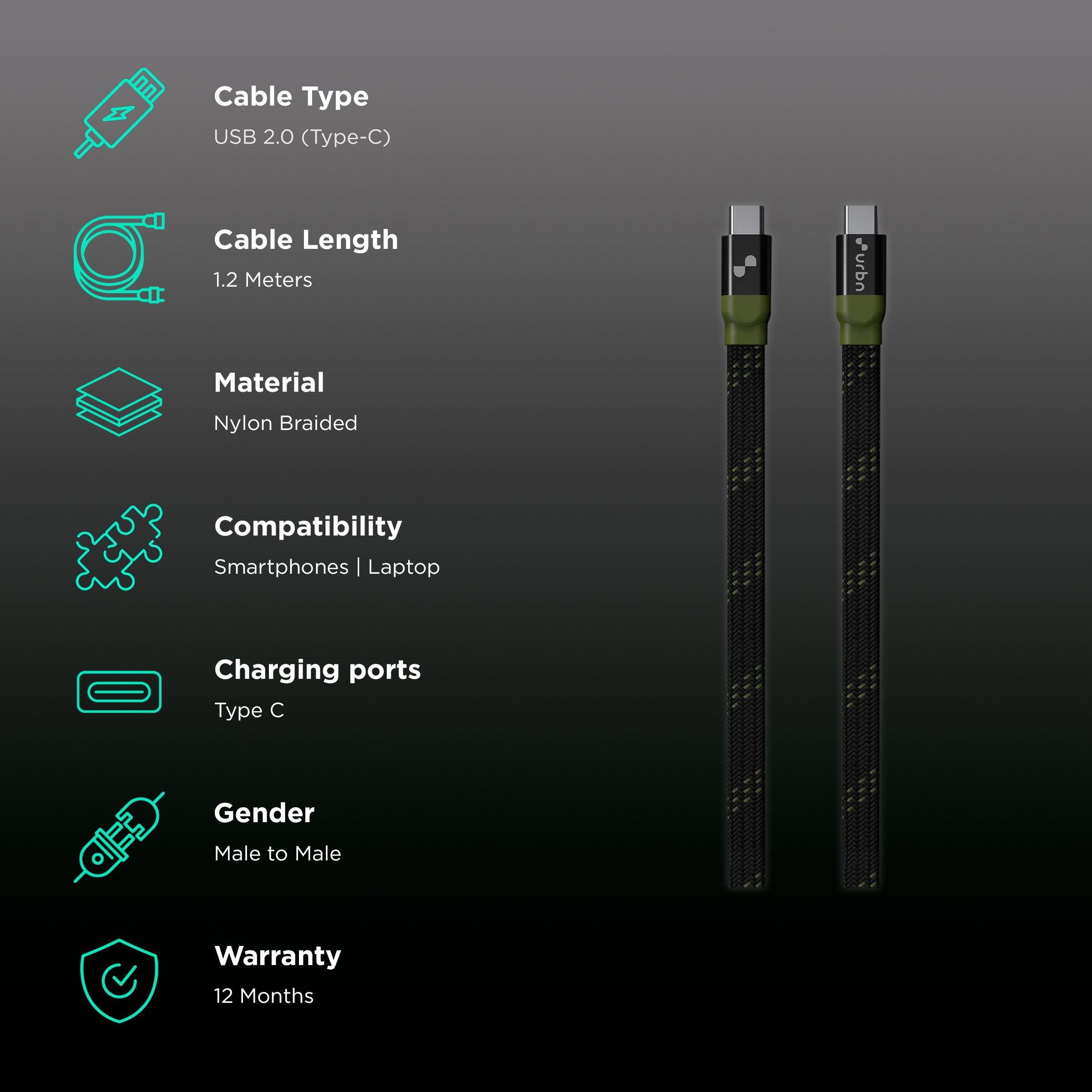 urbn Type C to Type C 3.9 Feet (1.2M) Cable (Nylon Braided, Camo Black) urbn Type C to Type C 3.9 Feet (1.2M) Cable (Nylon Braided, Camo Black)_2