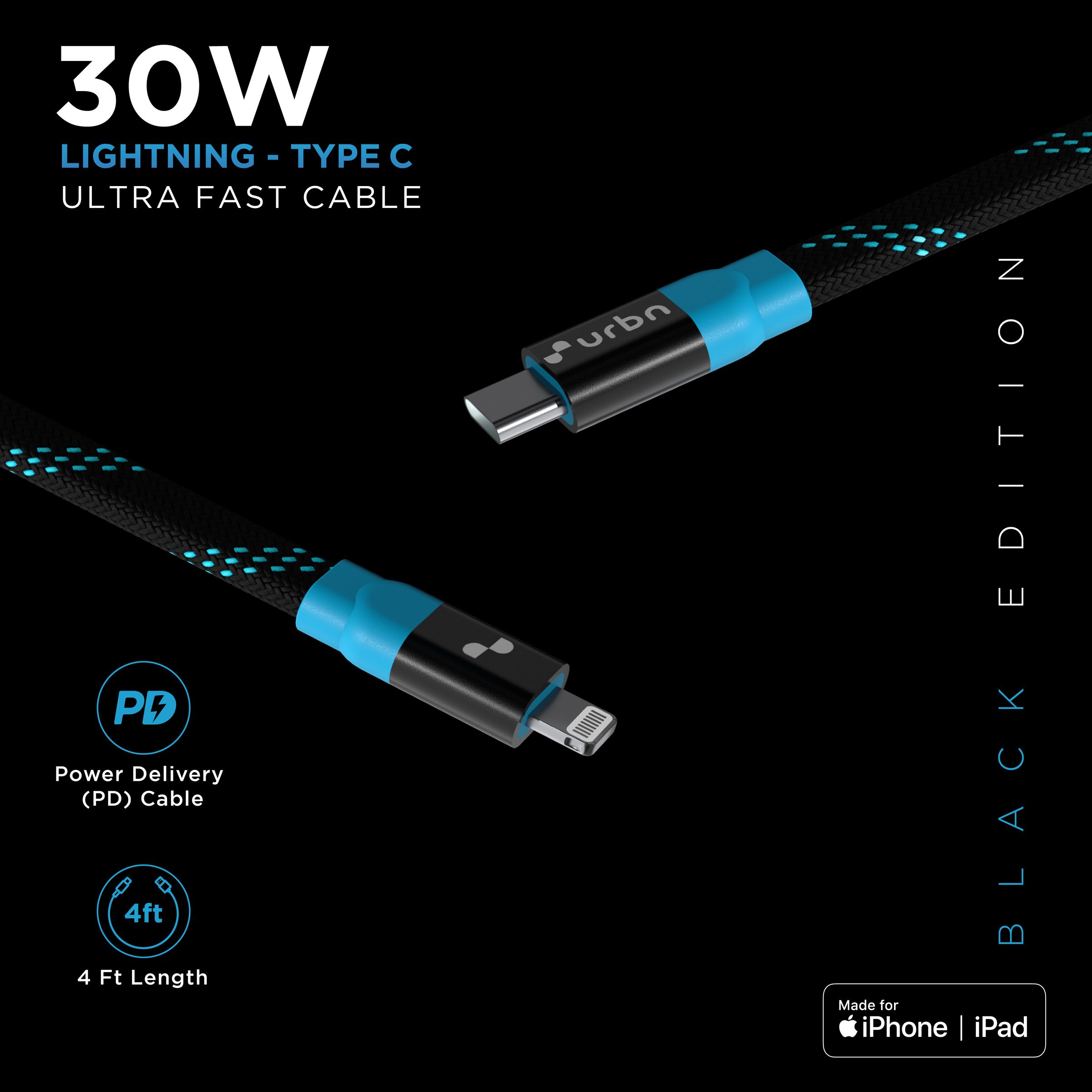 urbn Type C to Lightning 3.9 Feet (1.2M) Cable (Nylon Braided, Black)_7