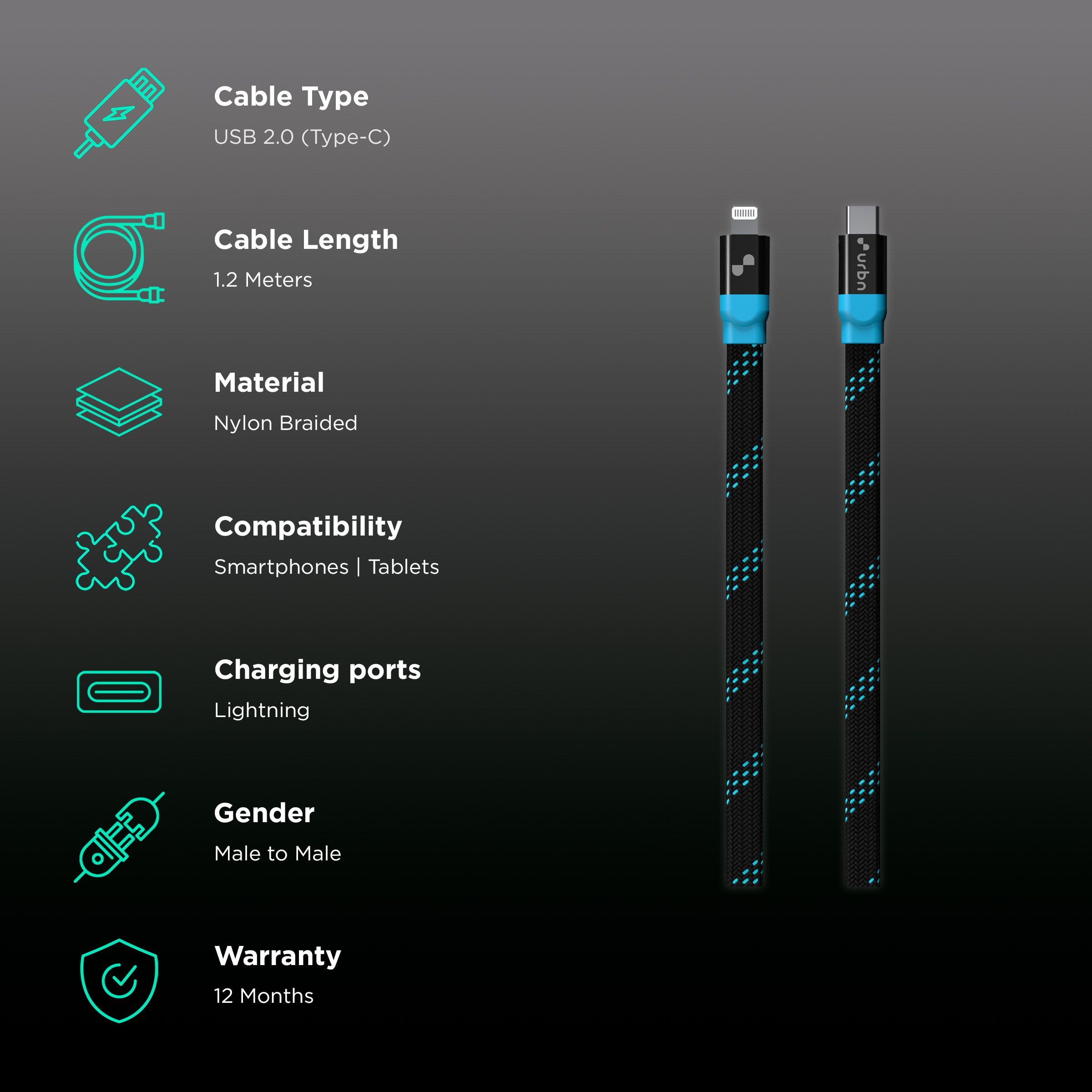 urbn Type C to Lightning 3.9 Feet (1.2M) Cable (Nylon Braided, Black)_2