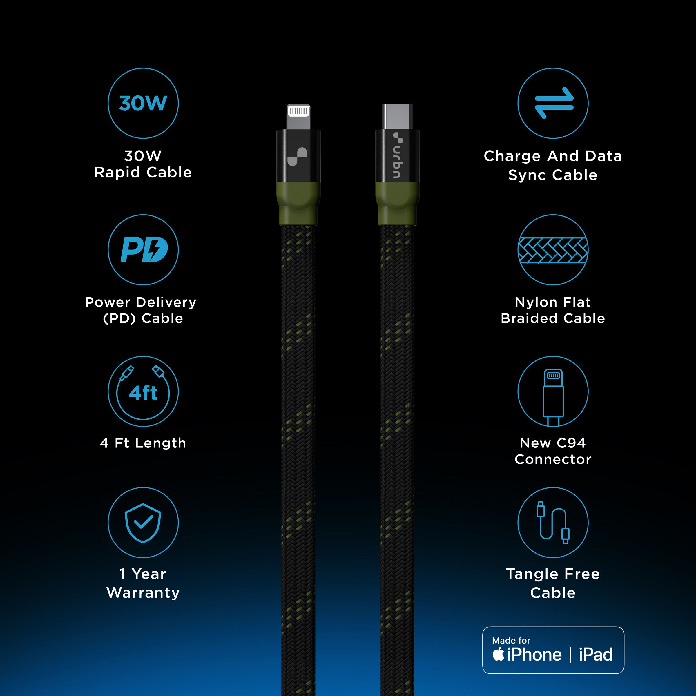 urbn Type C to Lightning 3.9 Feet (1.2M) Cable (Nylon Braided, Camo Black)_8