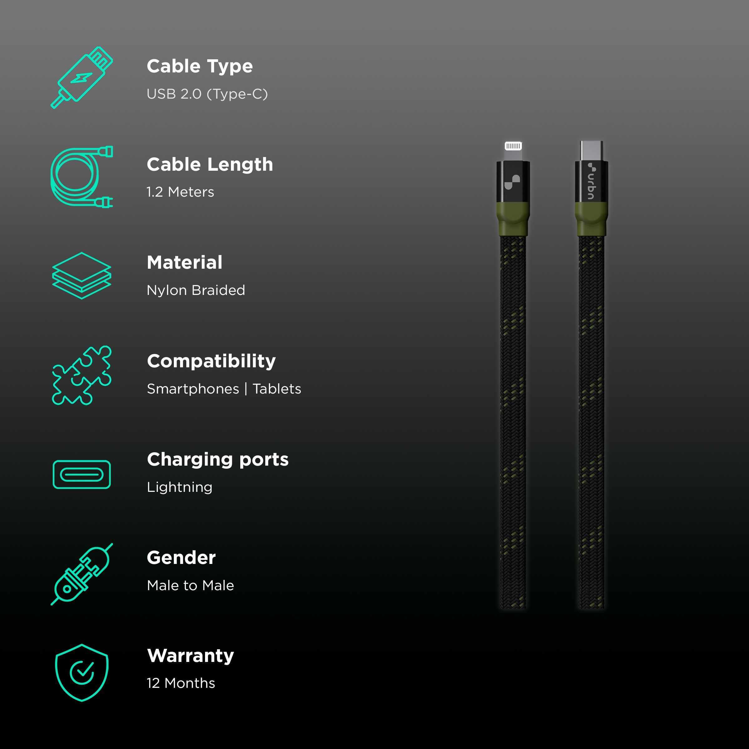 urbn Type C to Lightning 3.9 Feet (1.2M) Cable (Nylon Braided, Camo Black)_2