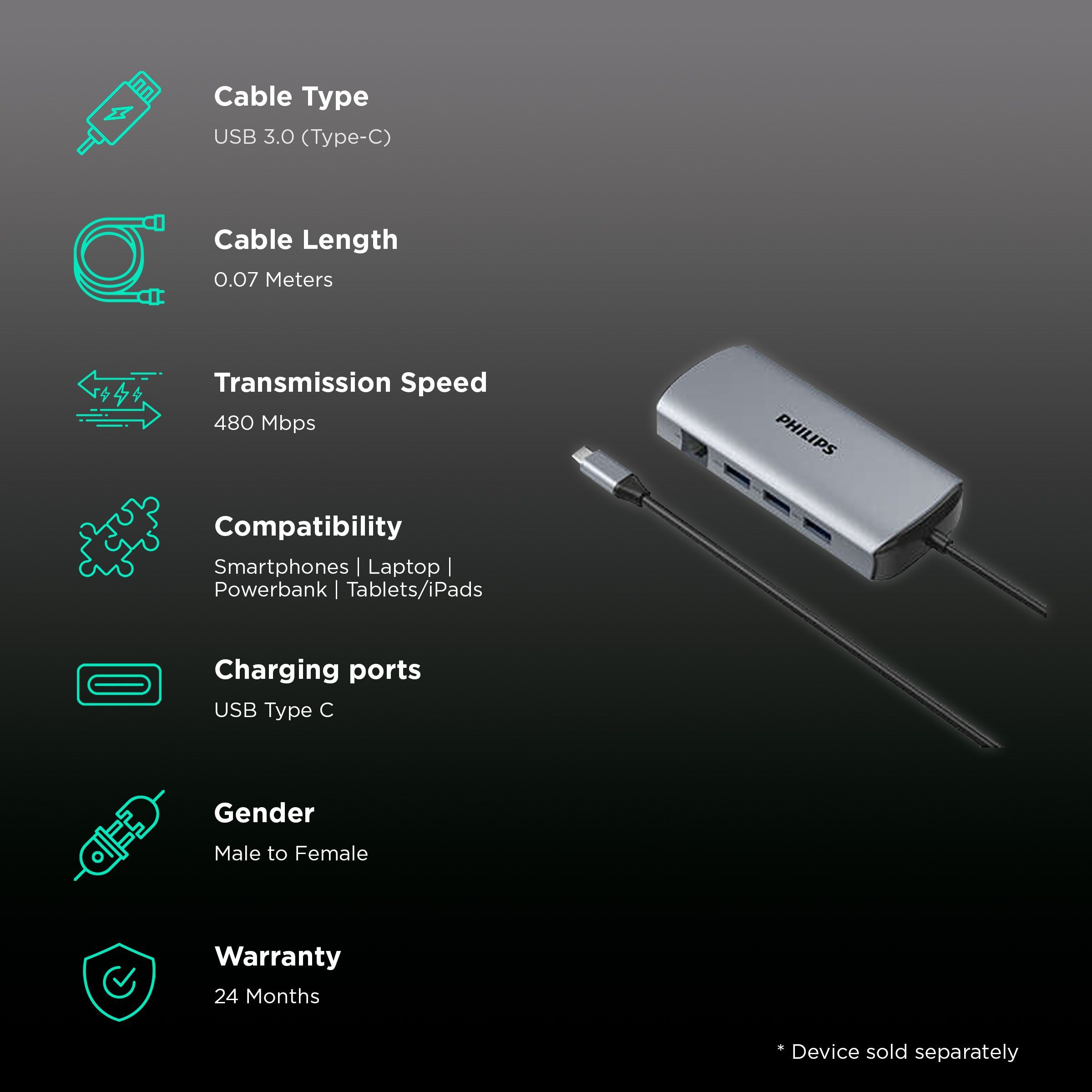Philips 7-in-1 USB 3.0 Type C to USB 3.0 Type A, USB Type C, SD Card Slot, TF Card Reader, HDMI Type A USB Hub (5 Gbps Data Transfer Rate, Grey) Philips 7-in-1 USB 3.0 Type C to USB 3.0 Type A, USB Type C, SD Card Slot, TF Card Reader, HDMI Type A USB Hub (5 Gbps Data Transfer Rate, Grey)_2