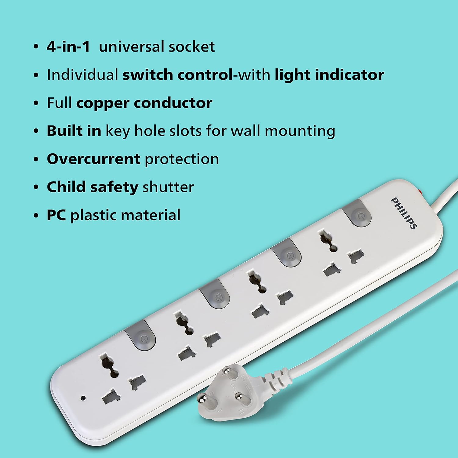 PHILIPS 10 Amps 4 Sockets Spike Guard With Individual Switch (1.4 Meters, Child Safety Shutter, CHP3441W/94, White) PHILIPS 10 Amps 4 Sockets Spike Guard With Individual Switch (1.4 Meters, Child Safety Shutter, CHP3441W/94, White)_2