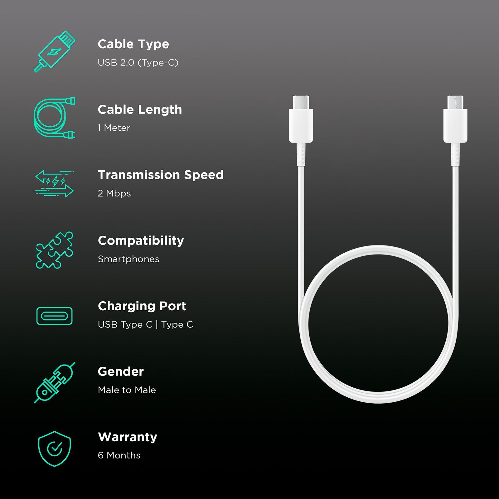 SAMSUNG Type C to Type C 3.2 Feet (1M) Cable (2 Mbps Data Speed, White)_2