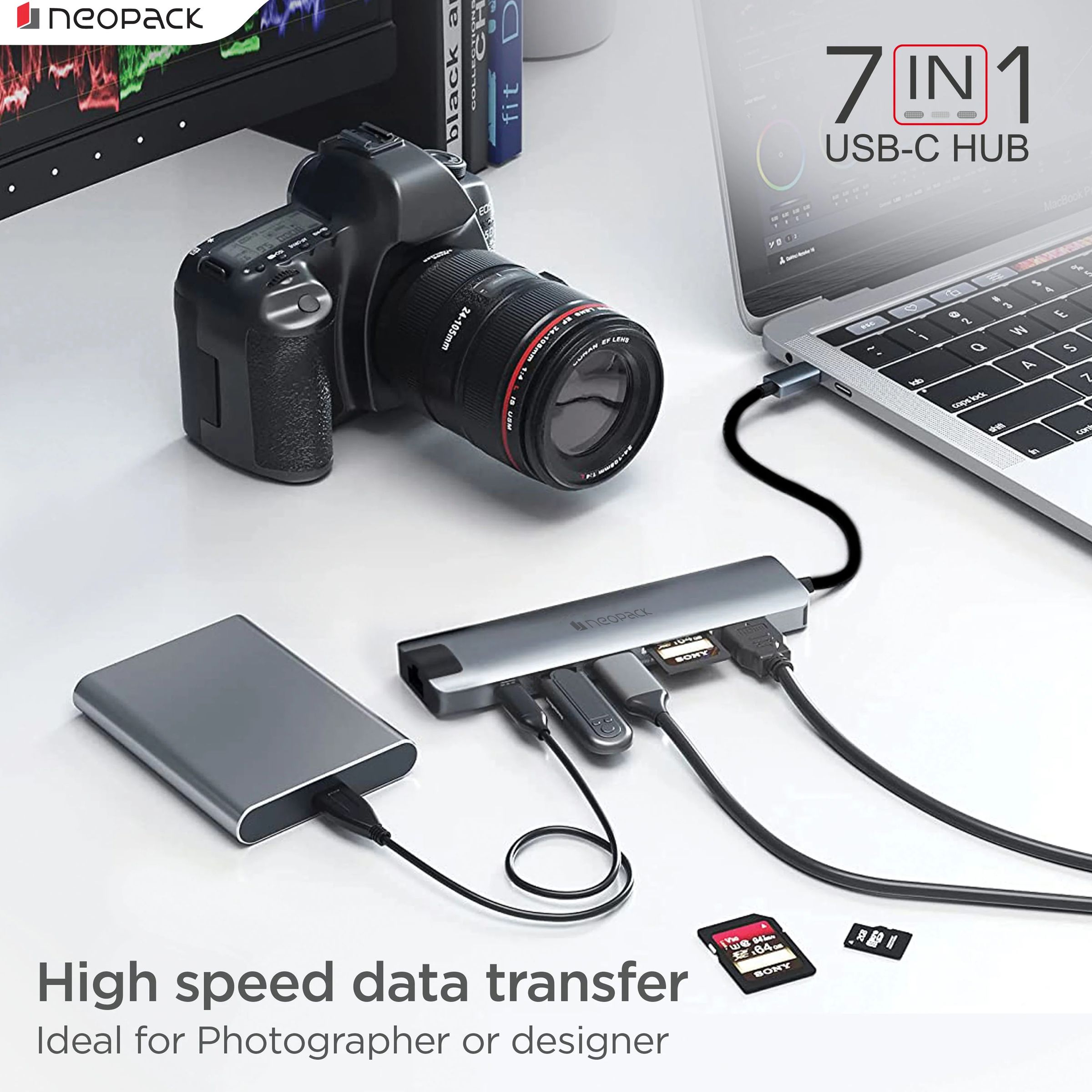 neopack TCH7IN1 7-in-1 USB 3.0 Type C to USB 3.0 Type A, HDMI, USB 3.0 Type C, SD Card Slot, RJ45 Multi-Port Hub (Aluminium Alloy Casing, Silver)_2