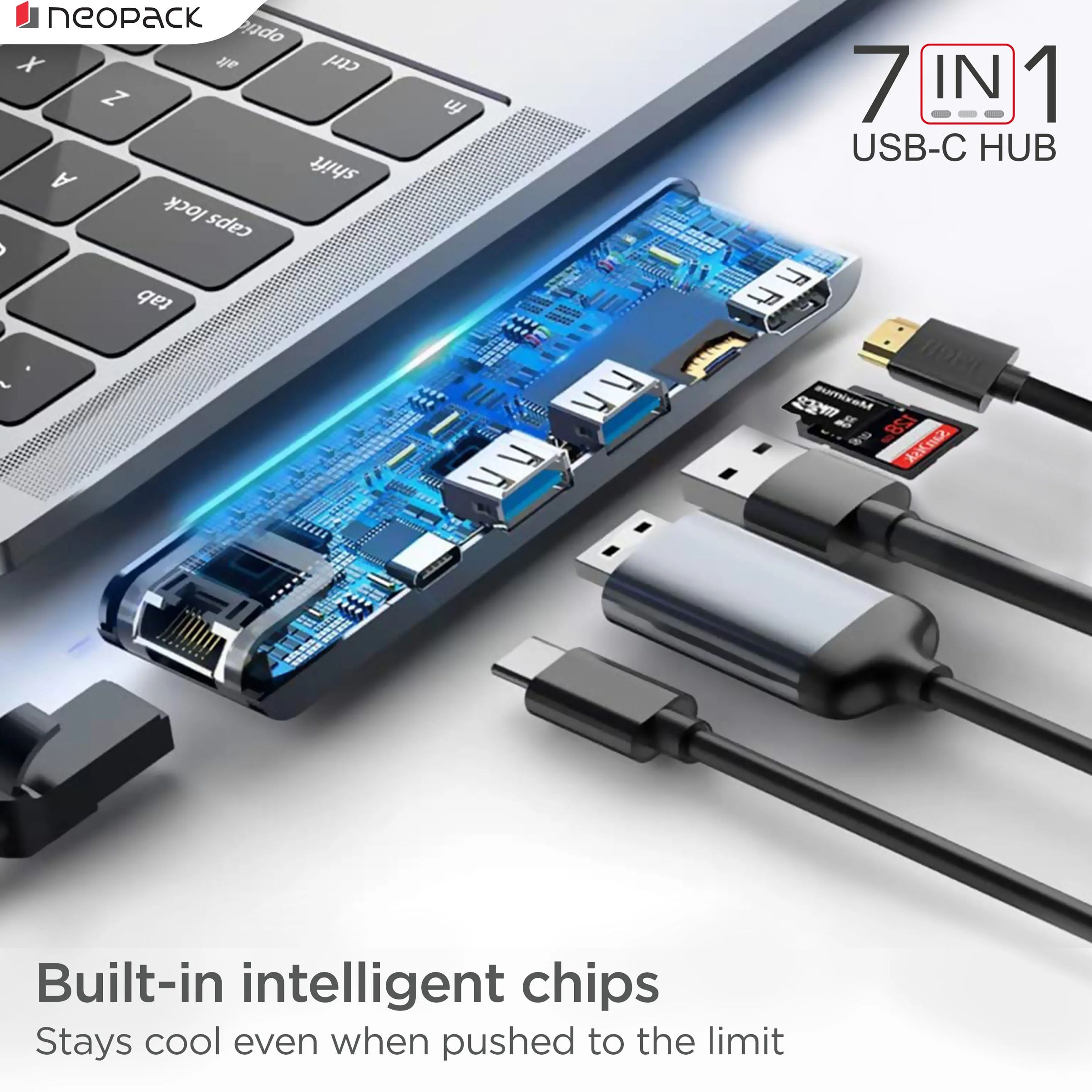 neopack TCH7IN1 7-in-1 USB 3.0 Type C to USB 3.0 Type A, HDMI, USB 3.0 Type C, SD Card Slot, RJ45 Multi-Port Hub (Aluminium Alloy Casing, Silver)_3
