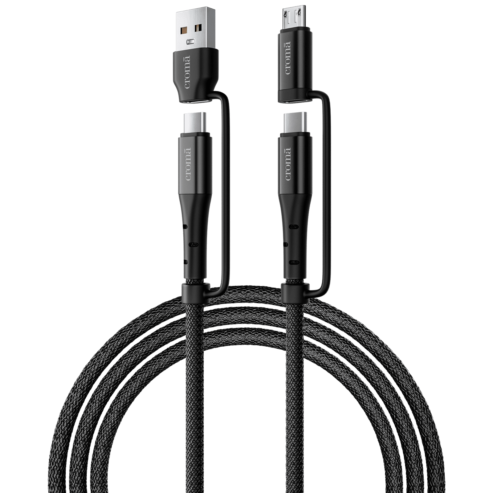 Croma Type A to Type C, Micro USB 3.2 Feet (1M) 4-in-1 Cable (Durable Nylon Braided, Black)_1