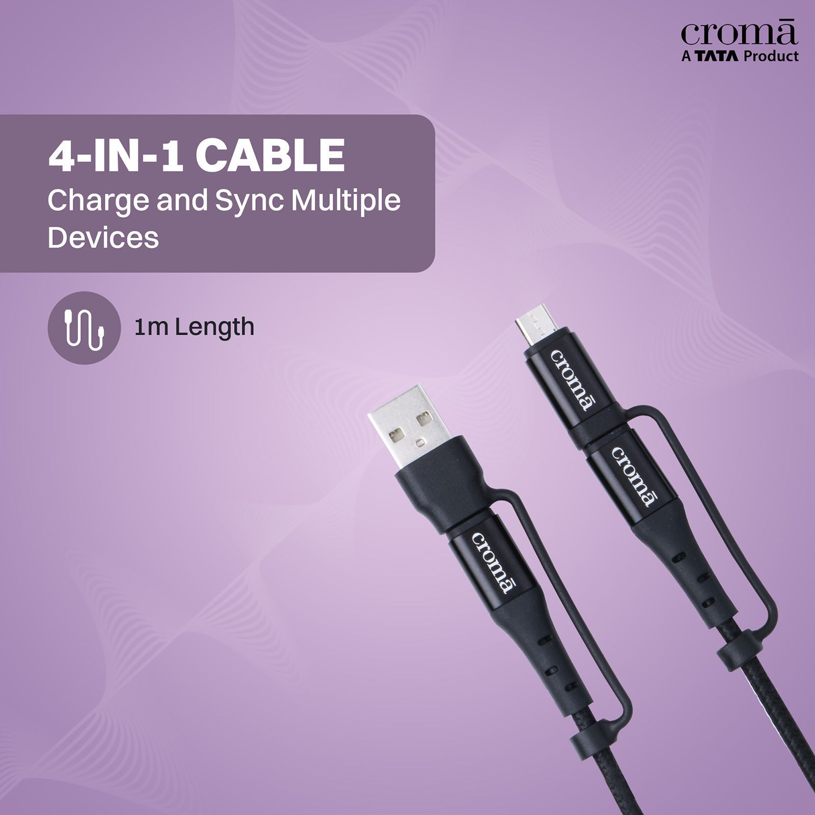 Croma Type A to Type C, Micro USB 3.2 Feet (1M) 4-in-1 Cable (Durable Nylon Braided, Black)_7