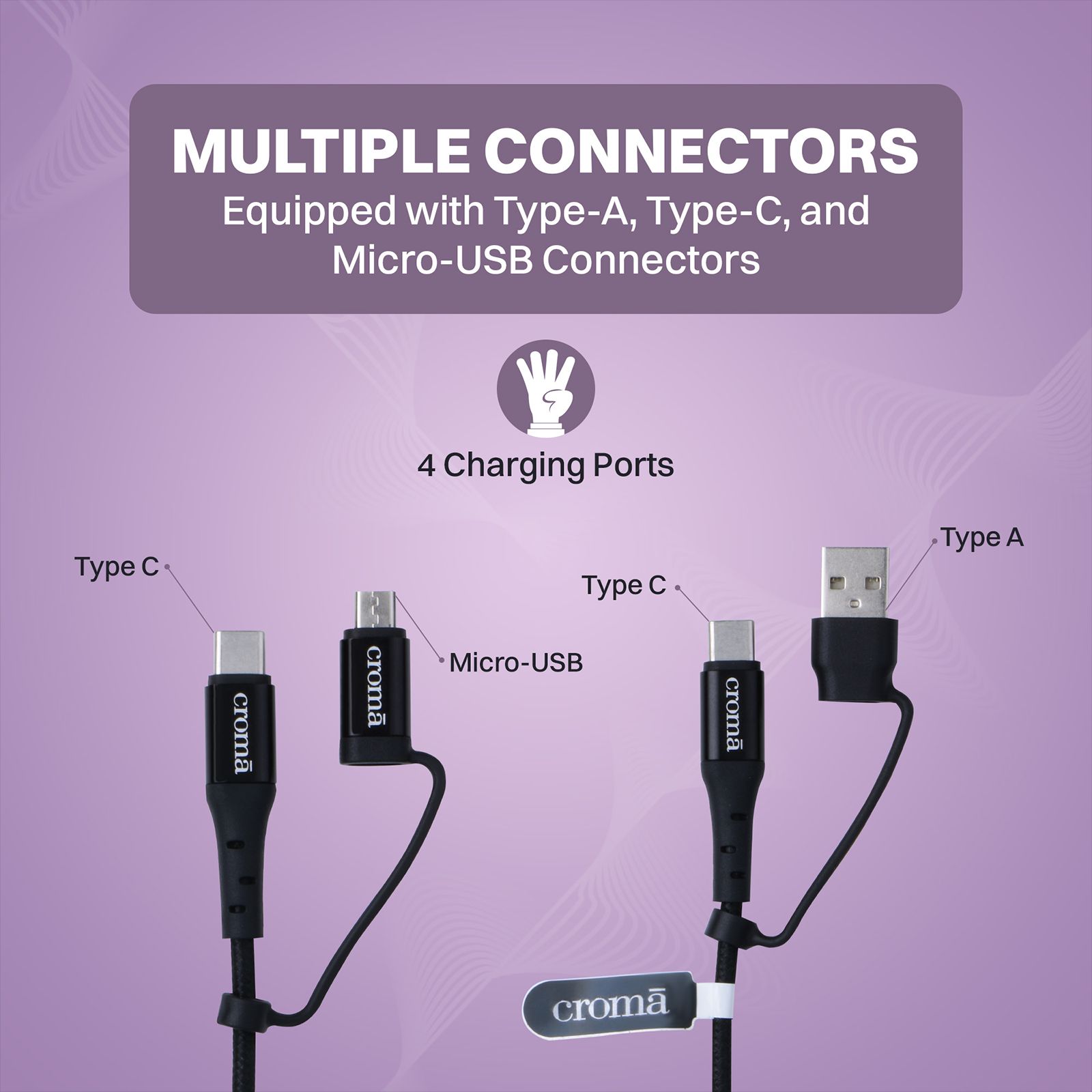Croma Type A to Type C, Micro USB 3.2 Feet (1M) 4-in-1 Cable (Durable Nylon Braided, Black)_8