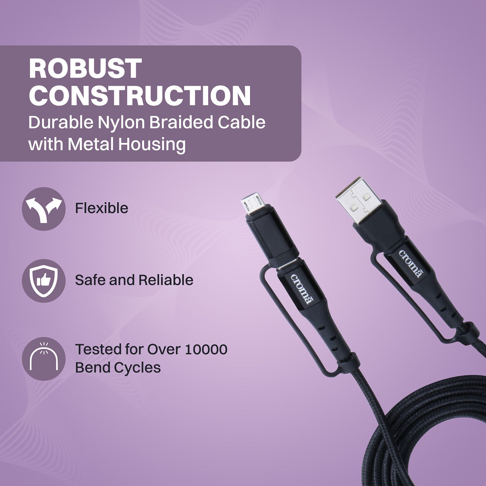 Croma Type A to Type C, Micro USB 3.2 Feet (1M) 4-in-1 Cable (Durable Nylon Braided, Black)_11