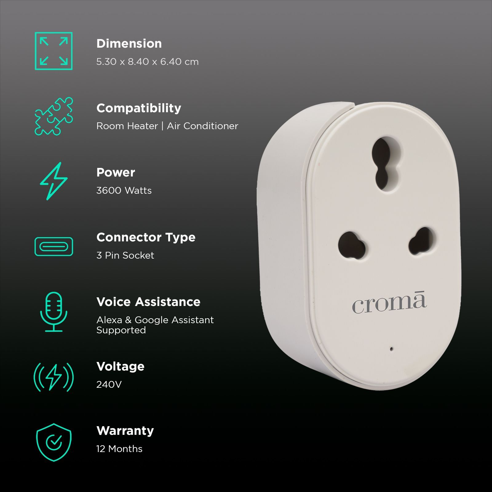 Croma Alexa & Google Assistant Smart Plug For Room Heater, Air Conditioner (Voice control, CRSP16ASPA327202, White) Croma Alexa & Google Assistant Smart Plug For Room Heater, Air Conditioner (Voice control, CRSP16ASPA327202, White)_2