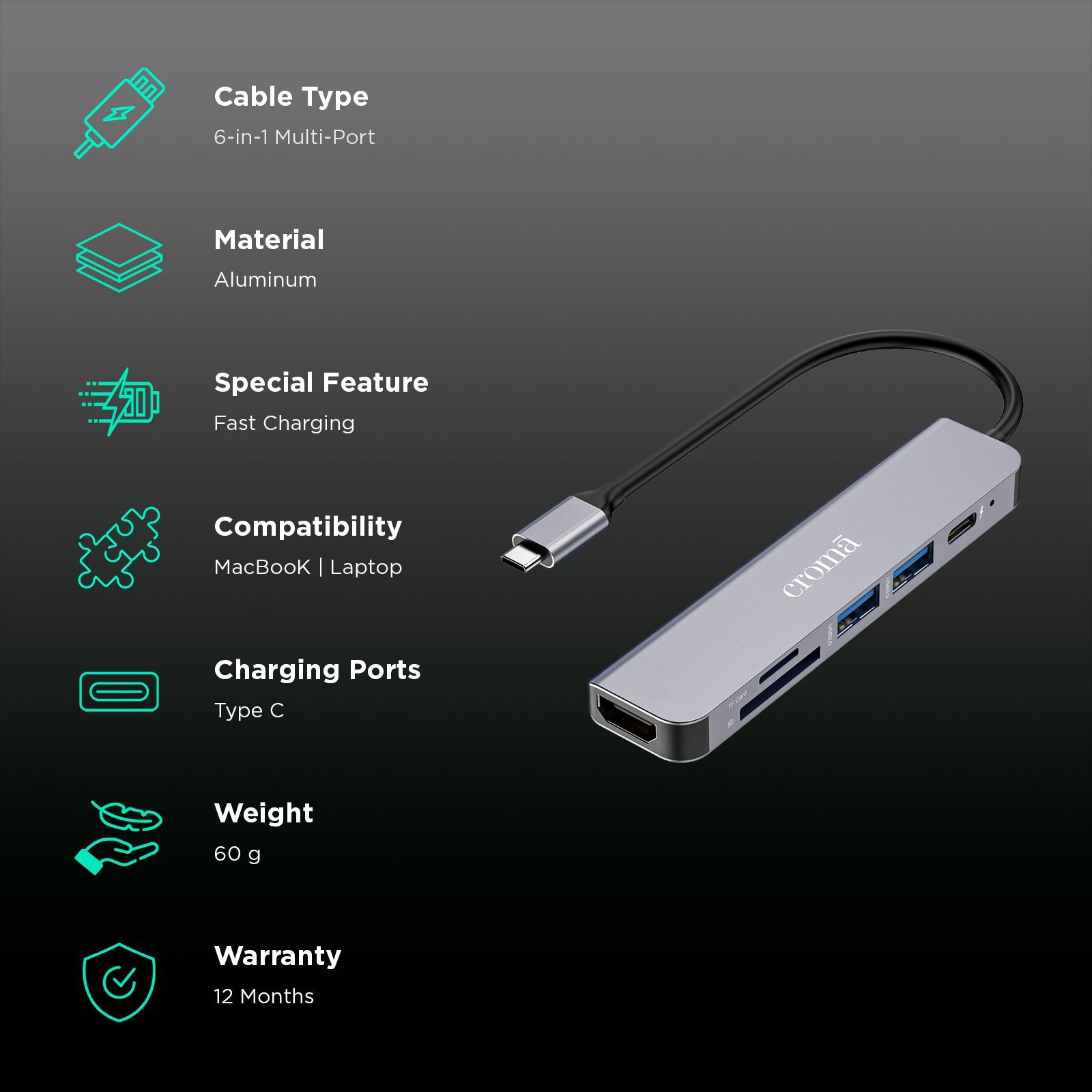 Croma 6-in-1 USB 3.0 Type C to HDMI, USB Type A 3.0, USB Type C, TF Card & SD Card Slot Multi Utility Hub (Supports Fast Charging, Grey)_2