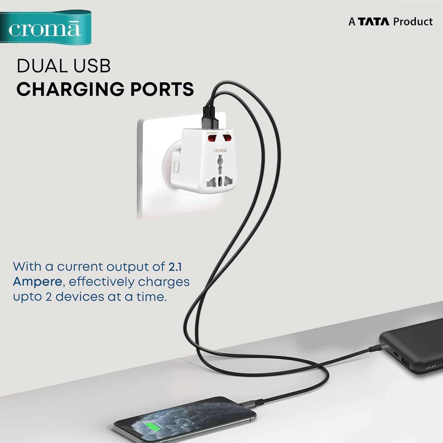 Croma Type A 2-Port Charger (Adapter Only, LED Indicator, White)_9