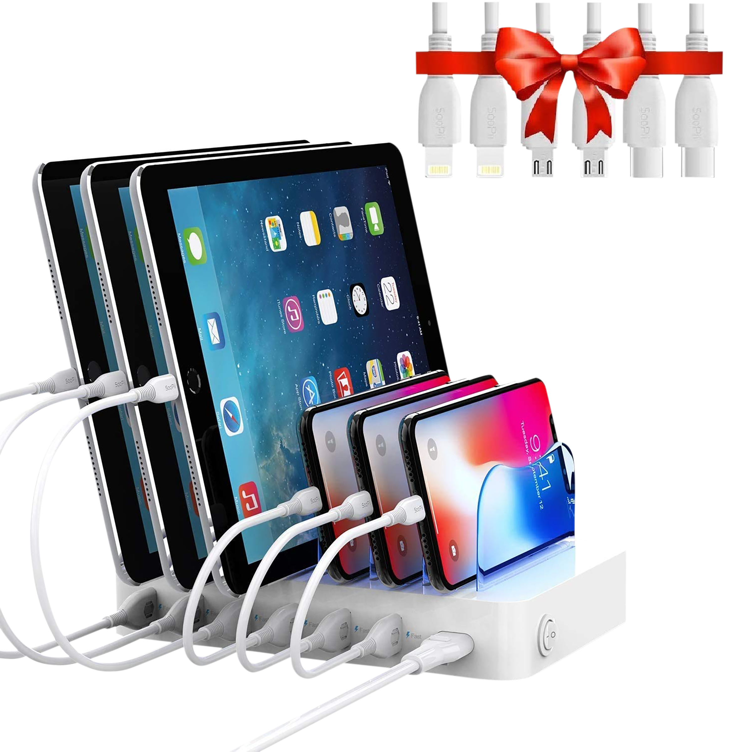 Soopii 50W Type A 6-Port Fast Charging Station (Type A to Type C, Type A to Micro USB & Type A to Lightning Cable, VoltageBoost Technology, White)_1