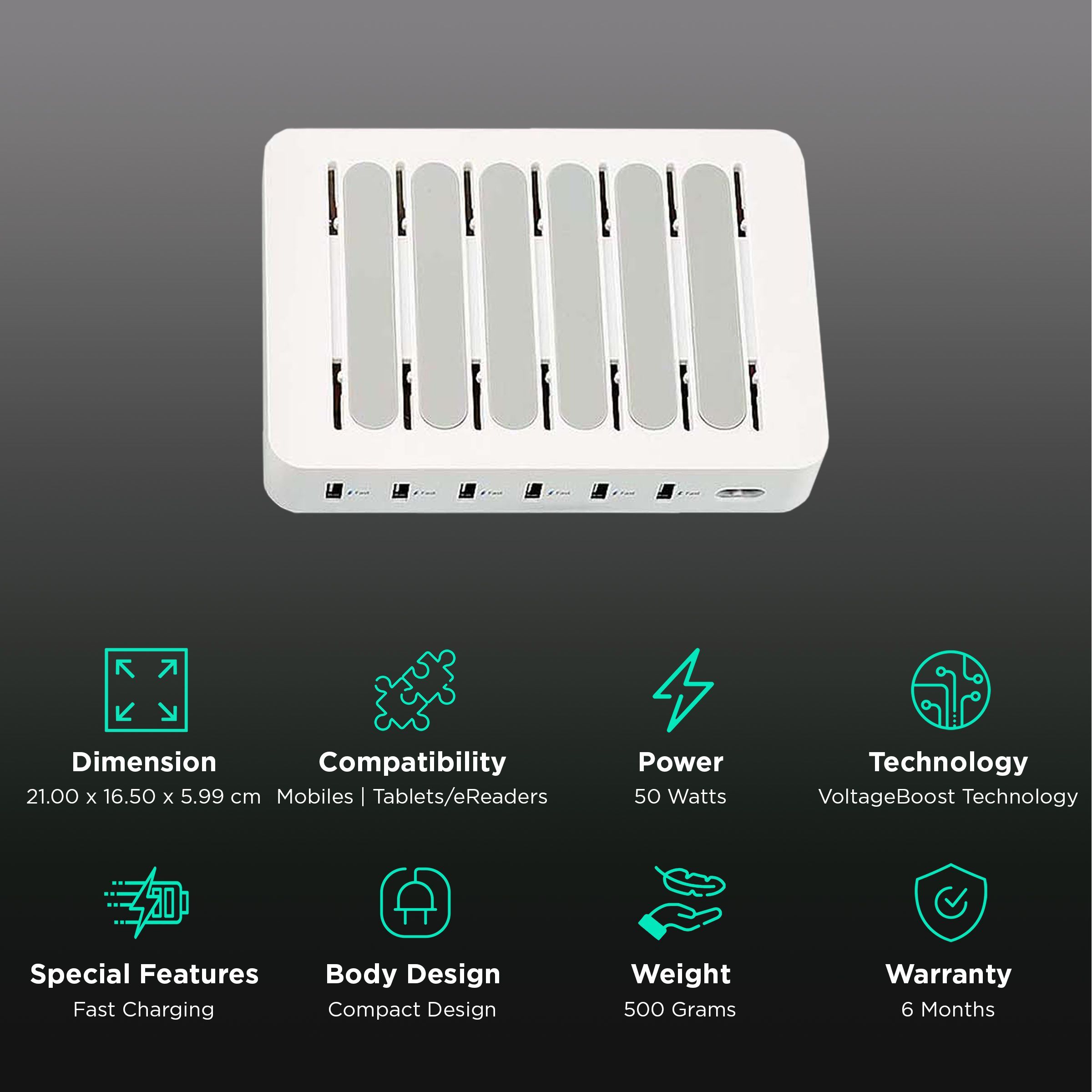 Soopii 50W Type A 6-Port Fast Charging Station (Type A to Type C, Type A to Micro USB & Type A to Lightning Cable, VoltageBoost Technology, White)_2