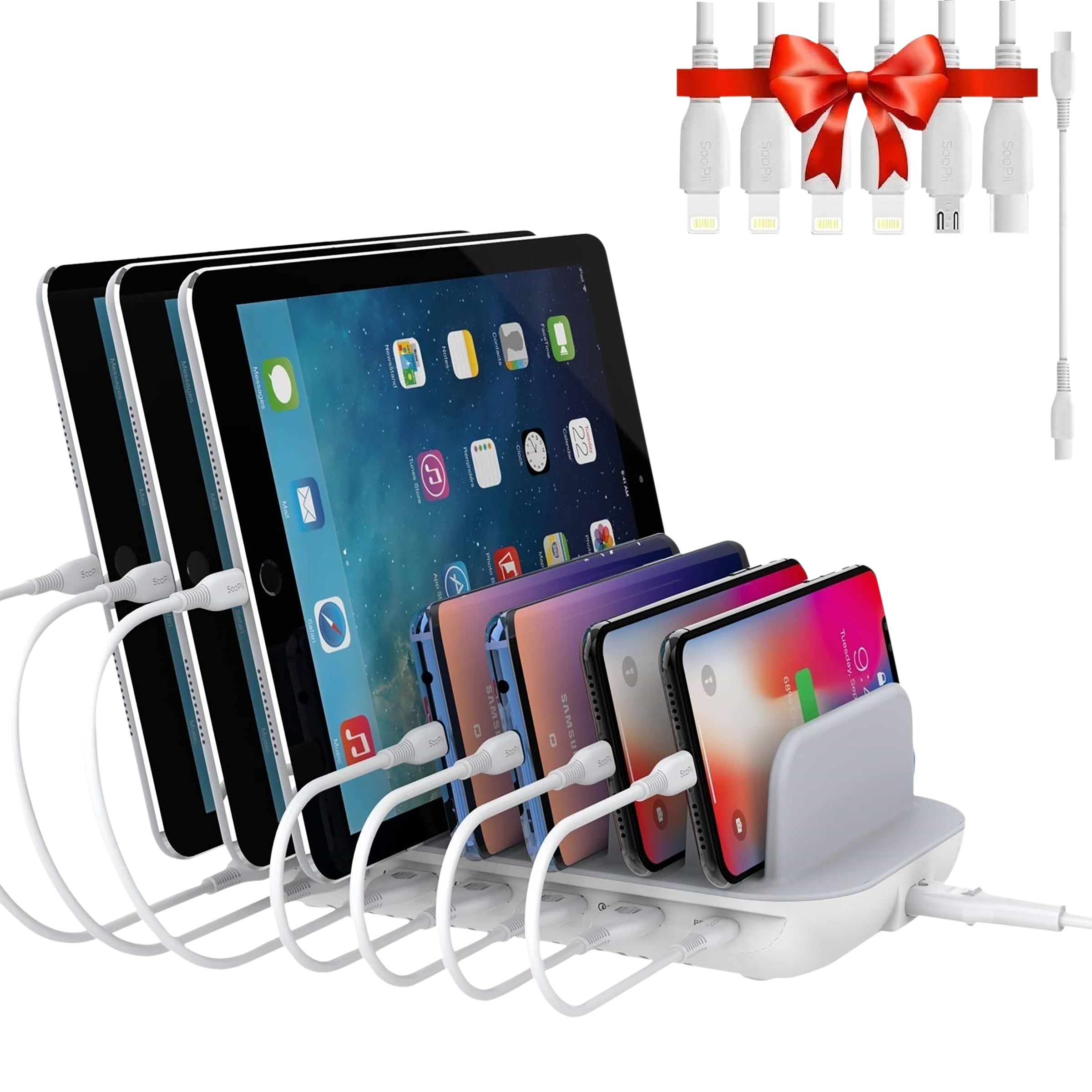 Soopii 70W Type A & Type C 7-Port Fast Charging Station (Type A to Type C, Type A to Micro USB & Type A to Lightning Cable, Quick Charge 3.0, White)_1