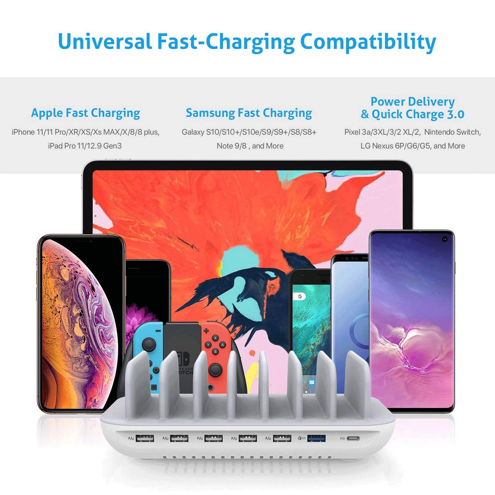 Soopii 70W Type A & Type C 7-Port Fast Charging Station (Type A to Type C, Type A to Micro USB & Type A to Lightning Cable, Quick Charge 3.0, White)_7