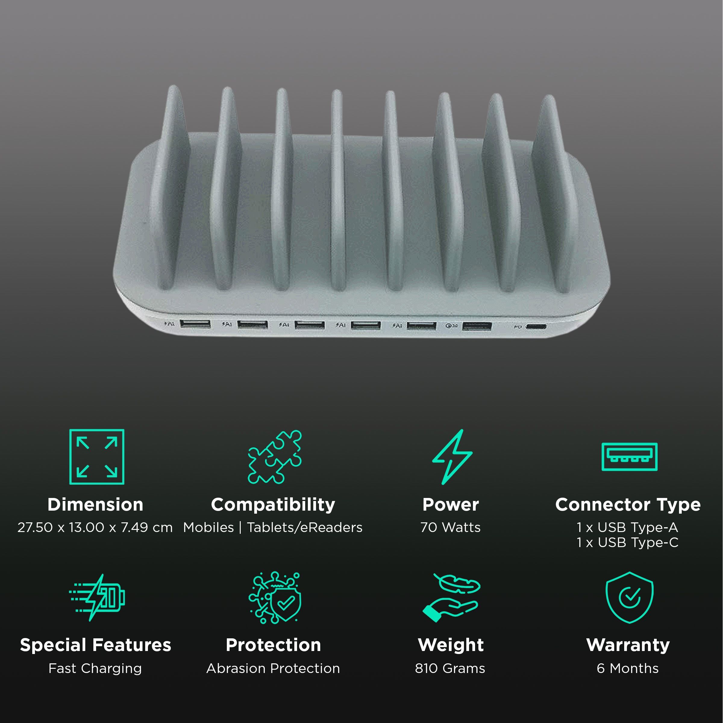 Soopii 70W Type A & Type C 7-Port Fast Charging Station (Type A to Type C, Type A to Micro USB & Type A to Lightning Cable, Quick Charge 3.0, White)_2