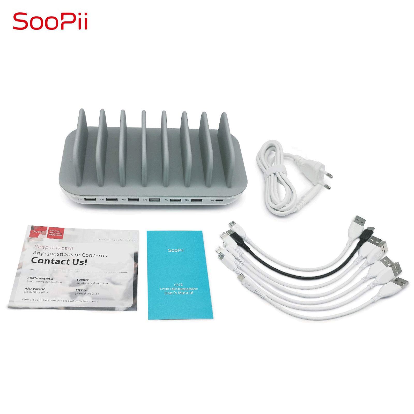 Soopii 70W Type A & Type C 7-Port Fast Charging Station (Type A to Type C, Type A to Micro USB & Type A to Lightning Cable, Quick Charge 3.0, White)_3