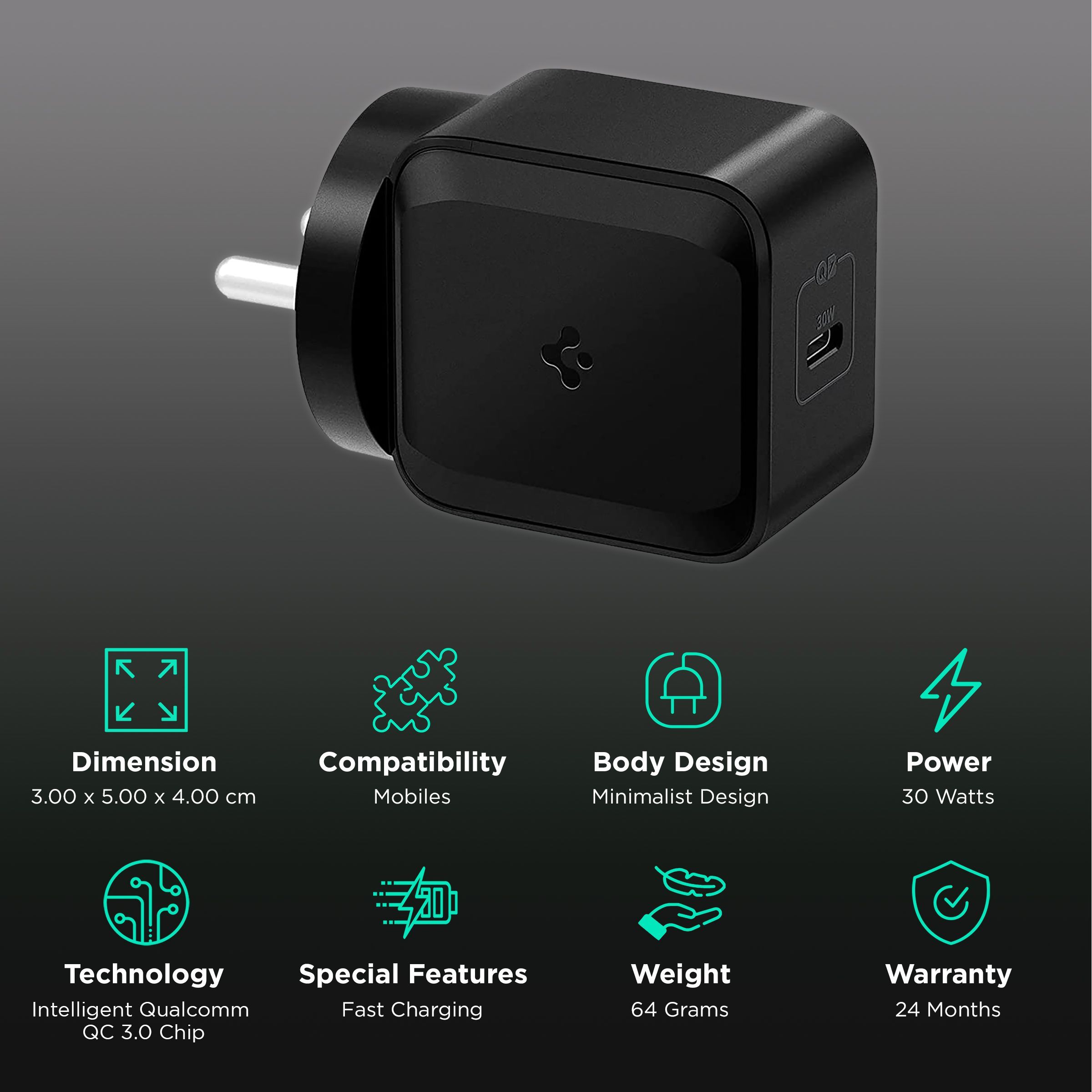 spigen PE2008IN 30W Type C Fast Charger (Adapter Only, Intelligent Qualcomm QC 3.0 Chip, Black) spigen PE2008IN 30W Type C Fast Charger (Adapter Only, Intelligent Qualcomm QC 3.0 Chip, Black)_2