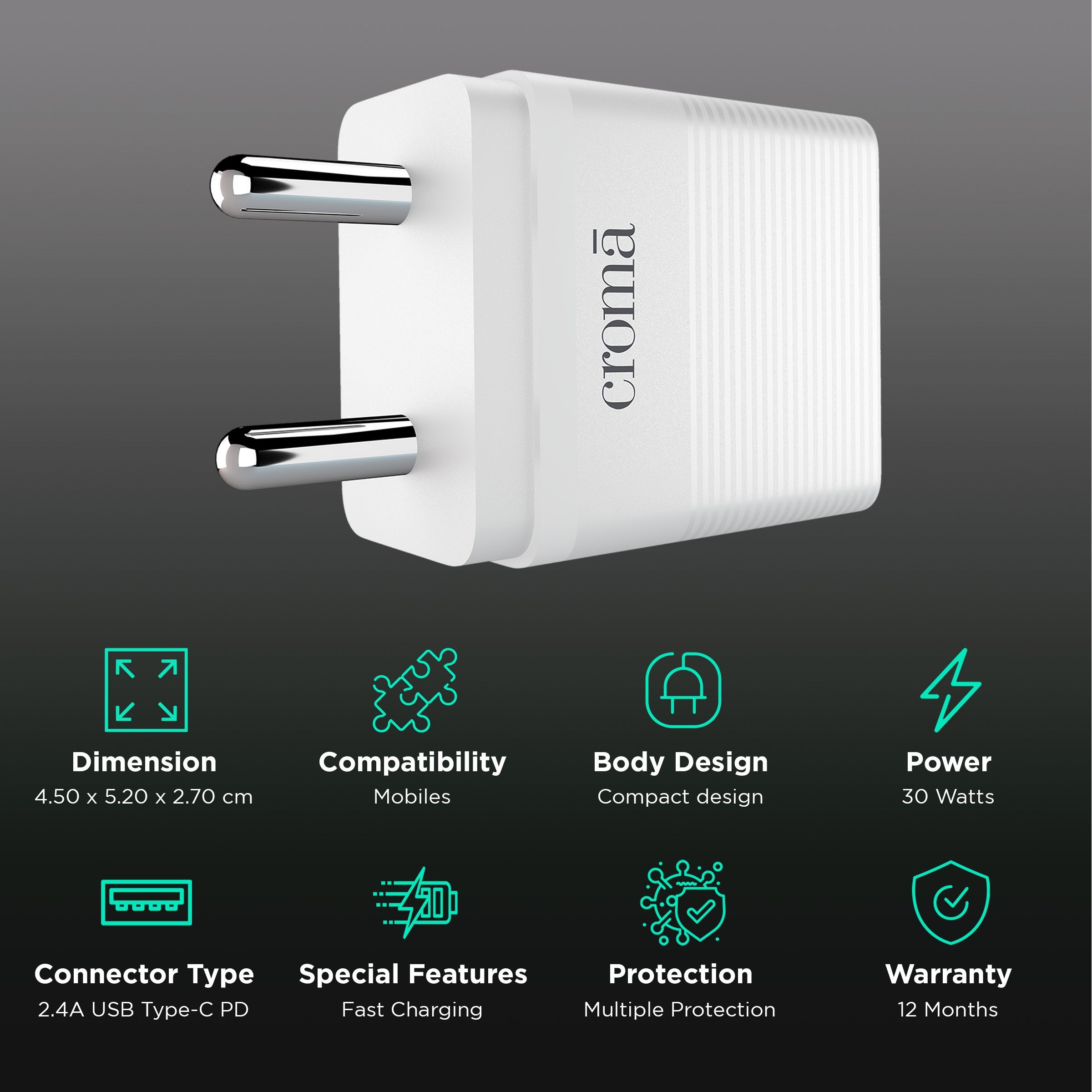 Croma 30W Type C Fast Charger (Adapter Only, Multiple Protection, White) Croma 30W Type C Fast Charger (Adapter Only, Multiple Protection, White)_2