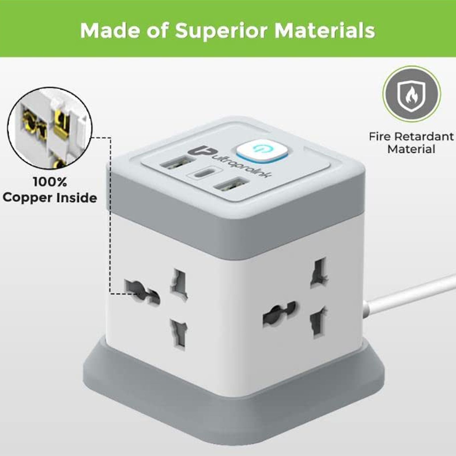 ultraprolink Qube 6 Amps 4 Sockets Surge Protector (2 Meters, 20 Watts PD Type C Port, UM1050U, White)_3