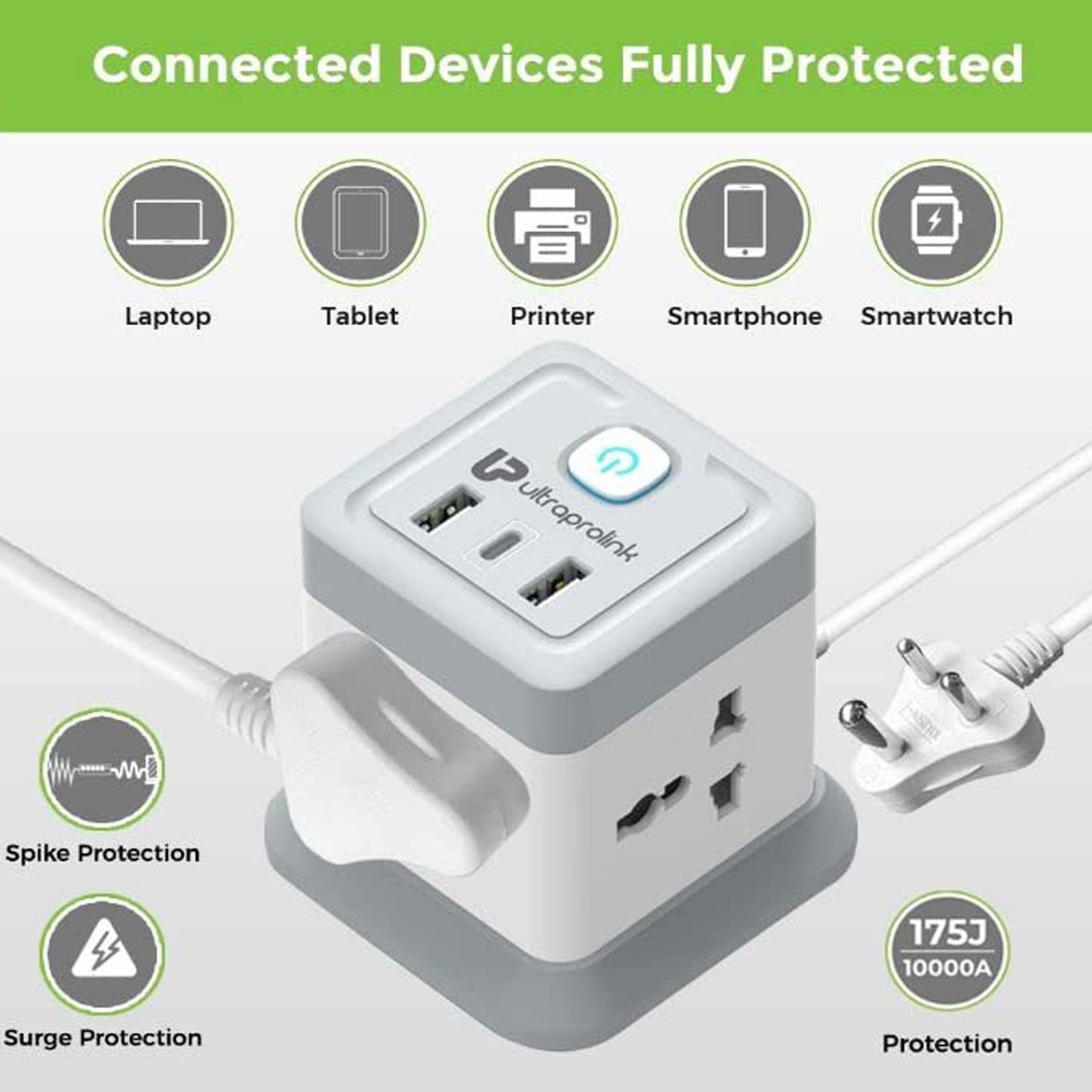 ultraprolink Qube 6 Amps 4 Sockets Surge Protector (2 Meters, 20 Watts PD Type C Port, UM1050U, White)_4