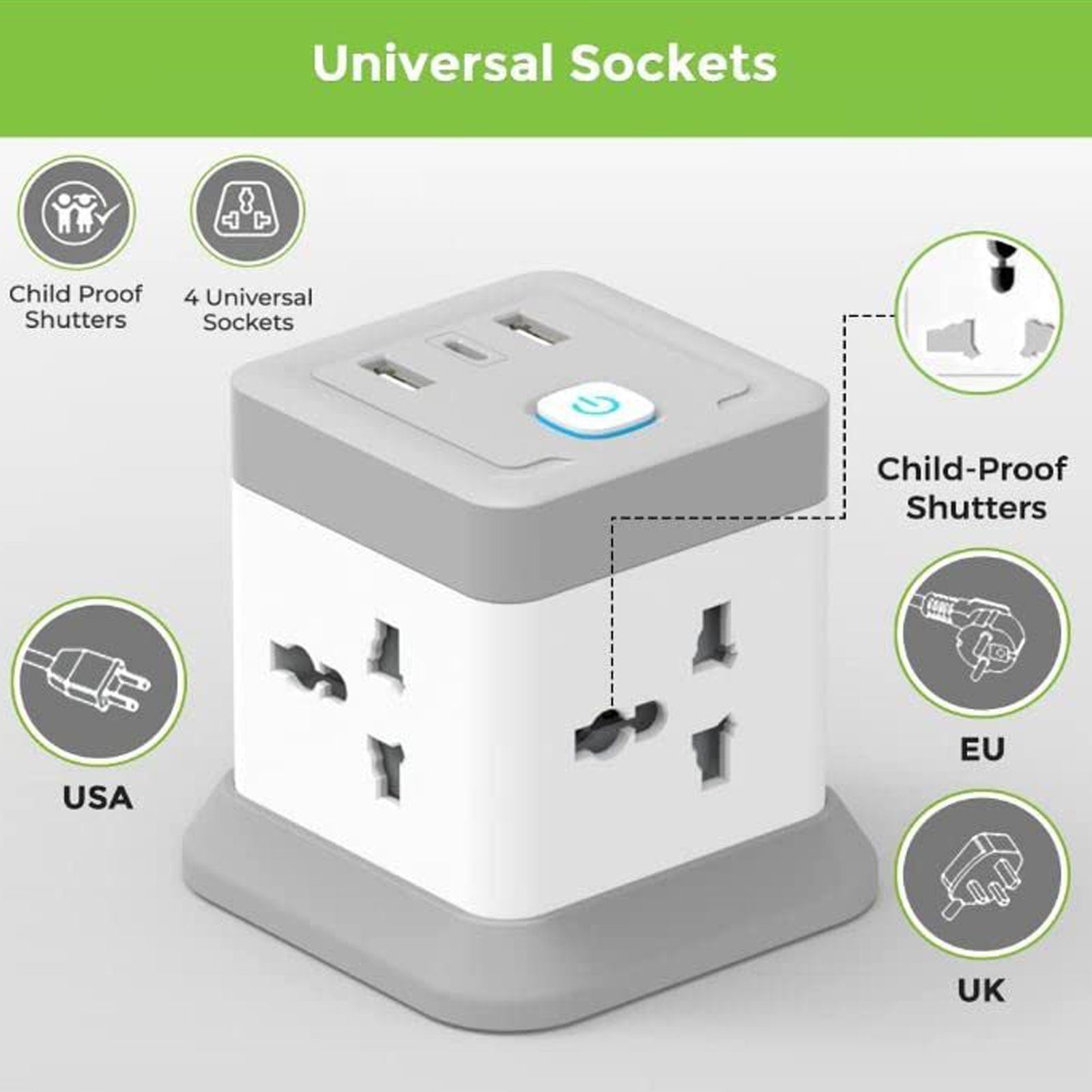 ultraprolink Qube 6 Amps 4 Sockets Surge Protector (2 Meters, 20 Watts PD Type C Port, UM1050U, White)_5