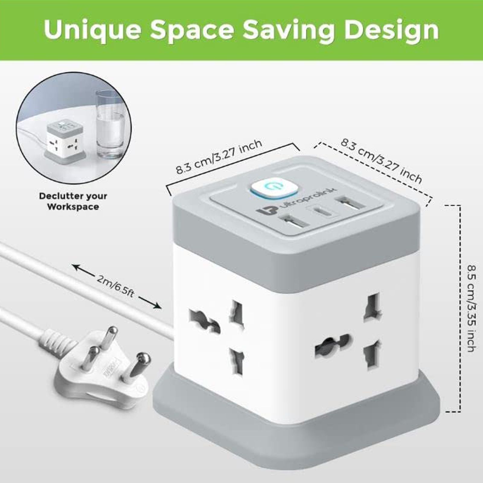 ultraprolink Qube 6 Amps 4 Sockets Surge Protector (2 Meters, 20 Watts PD Type C Port, UM1050U, White)_6
