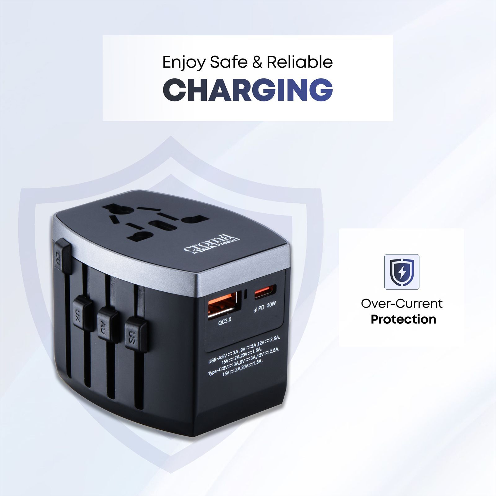 Croma 4 Plugs 150 Countries Travel Adapter (Over Current Protection, CRST30WUTA014802, Black)_14